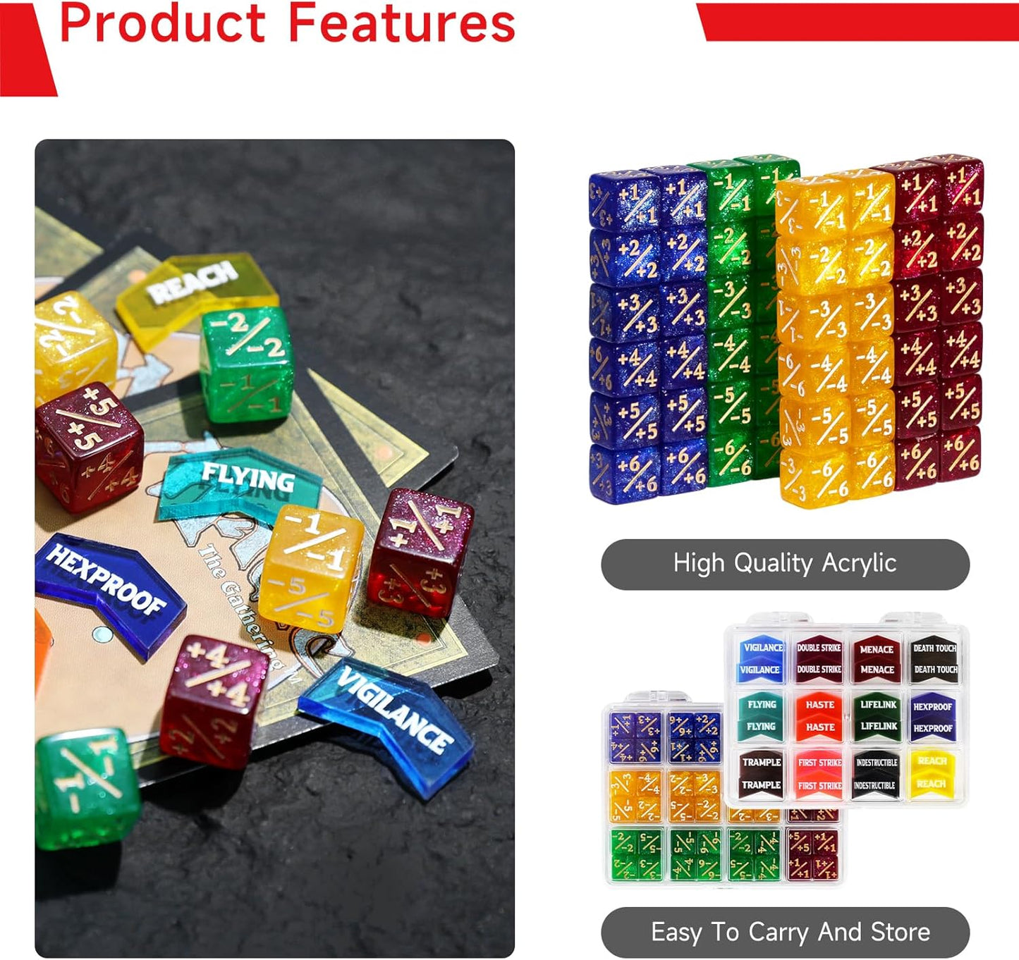 SIXPOINTS 108PCS 12mm MTG Counter Dice +1/+1 Tokens 6 Sided Dice & Keyword Counters Tokens Set for Magic The Gathering, MTG, TCG, Card Games Accessories