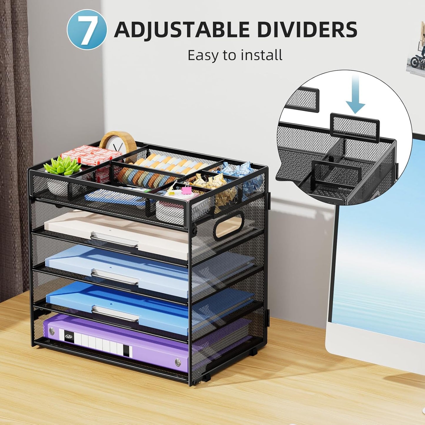 Marbrasse 5-Tier Letter Tray Paper Organizer with Handle, Multi-Functional Mesh File Organizer for Desk, Adjustable Compartments Mesh Desktop Storage for Office Supplies,Black