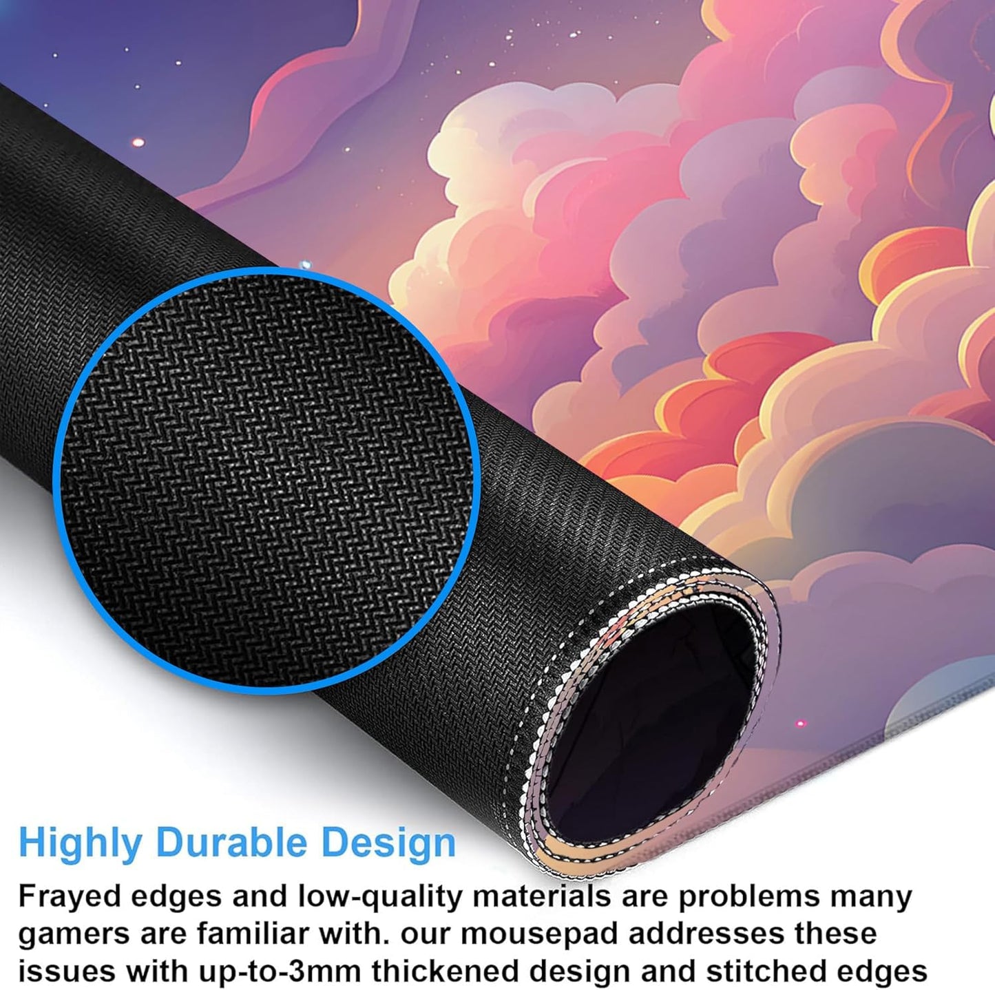 Desk Mat, Kawaii Moon Cloud Star Sunset Sky Large Gaming Mouse Pad with Non-Slip Base Stitched Edges,Desk pad for Keyboard and Mouse Home Office 35.4"x15.7"