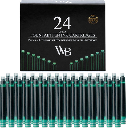 Wordsworth & Black 24 Pack Fountain Pen Ink Refills - Set of 24 Green Ink Cartridges - International Standard Size - Length APPR 2.3" - Base Diameter APPR 0.24" - Disposable and Generic