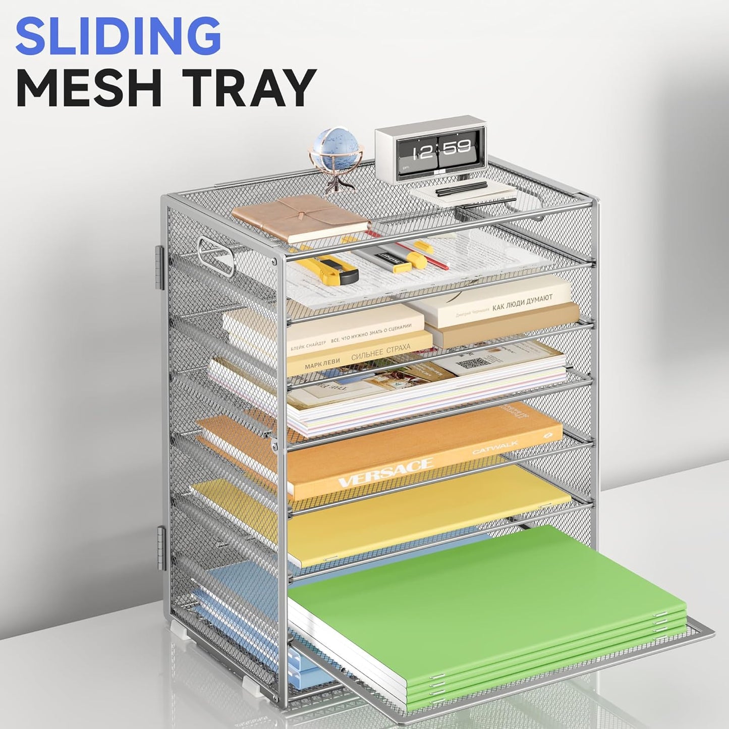 8 Tier Paper Organizer with Handle, Metal Mesh Desk File Organizer, Large Capacity Desk Organizers Paper Letter Tray Desktop Document Sorter for Office, Home or School - Silver