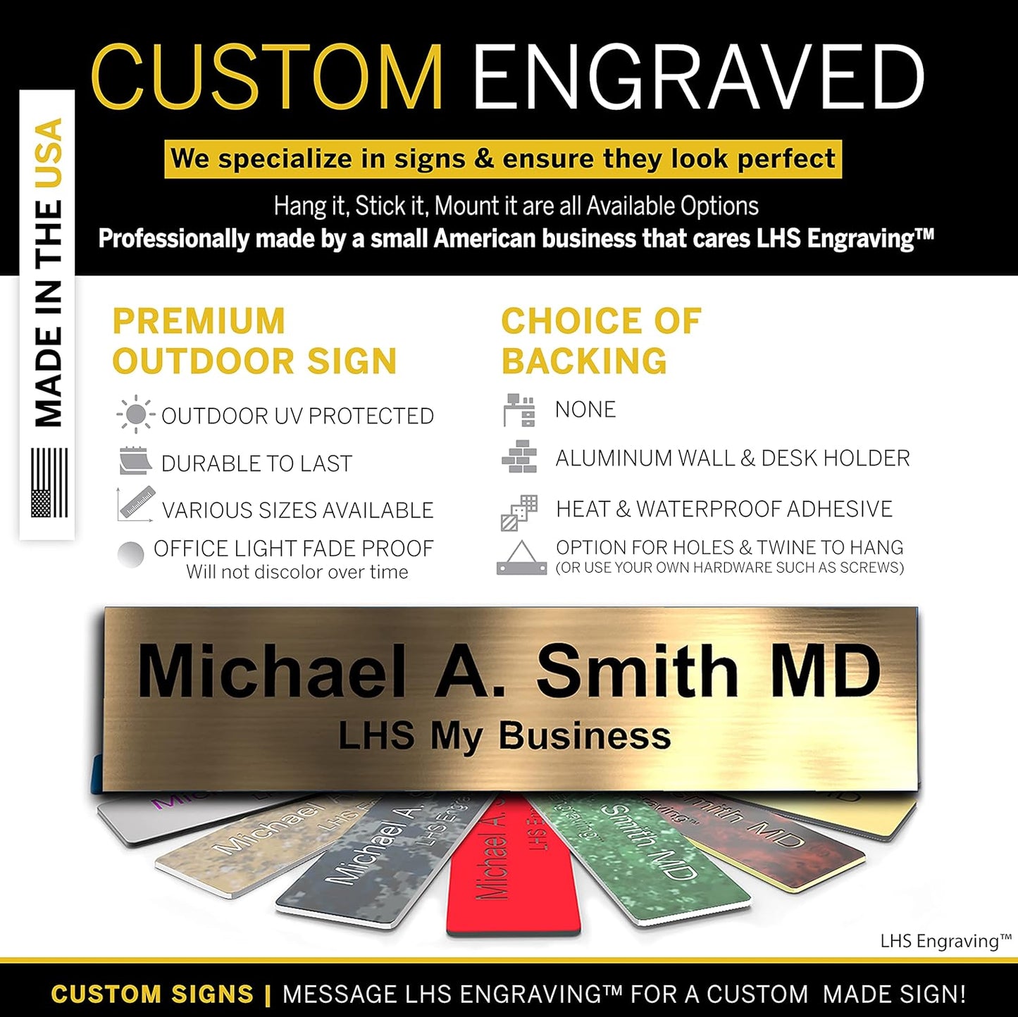 Engraved Name Plates for Door Sign Personalized Brushed Copper Pattern Plastic Plaque with Black Letters - Made in USA 2x8 M5