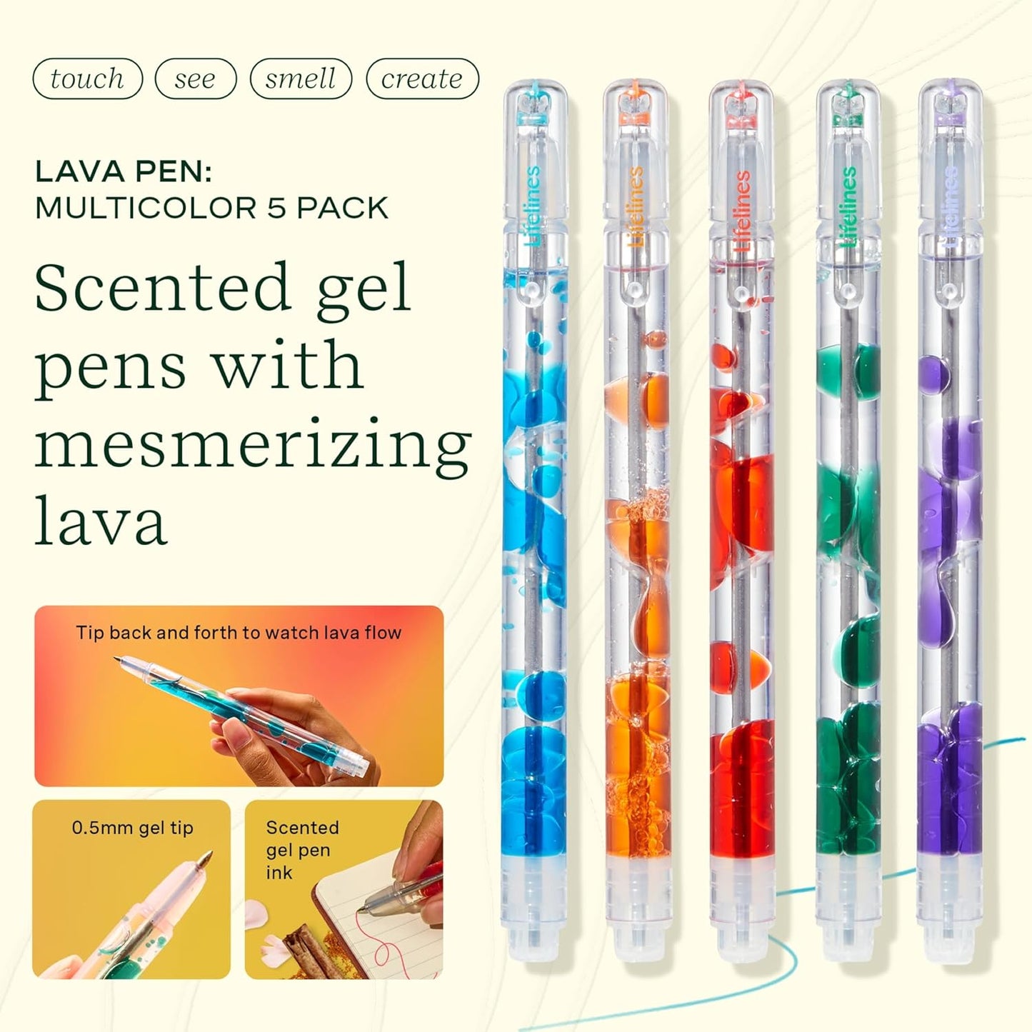 Lifelines Scented Lava Gel Pen Set, 5-Pack (Multi-Color) - 0.5mm Colored Gel Pens Infused with Scented Essential Oil Blends & Mesmerizing Lava - School Supplies for College Kids & Adults