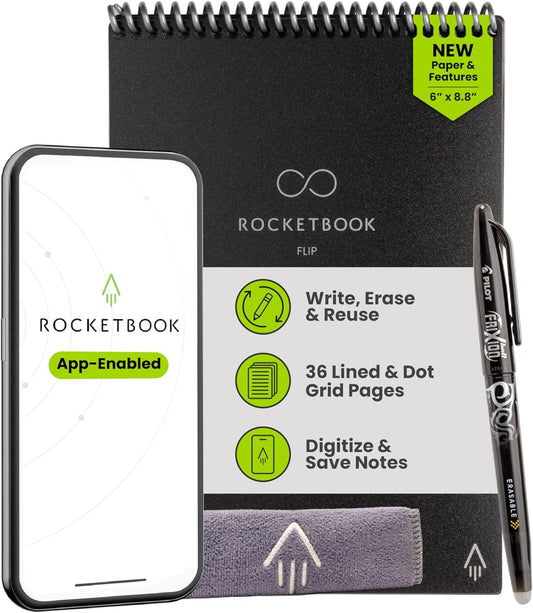 Rocketbook Flip Reusable Smart Notepad, Top Bound Notebook Executive Size 6x8.8, Black - Lined and Dotted Pages, App-Connected, Erasable, Ideal for Righties and Lefties