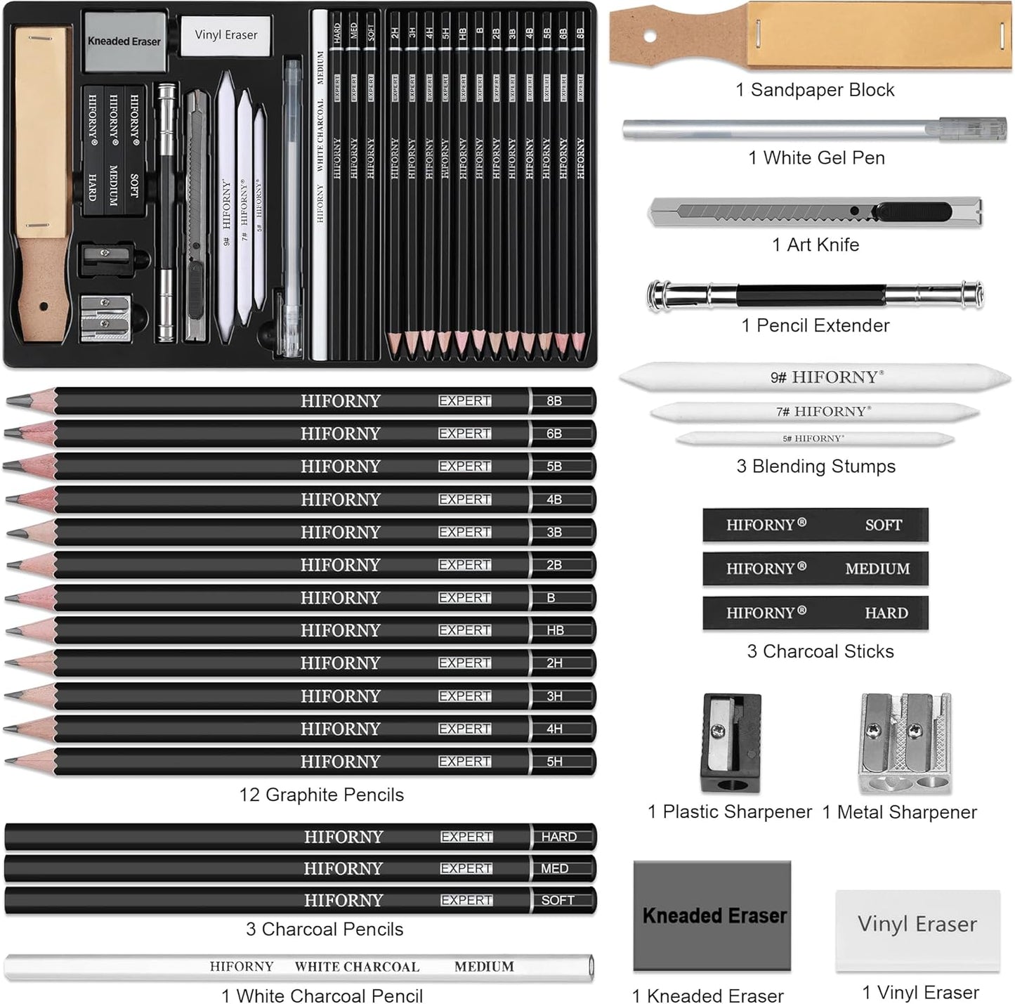 HIFORNY 30 PCS Sketching Drawing Pencil Set,Sketch Pencils Art Supplies with Graphite,Charcoal,Blending Tools,Accessories,Drawing Kit for Adults Artists
