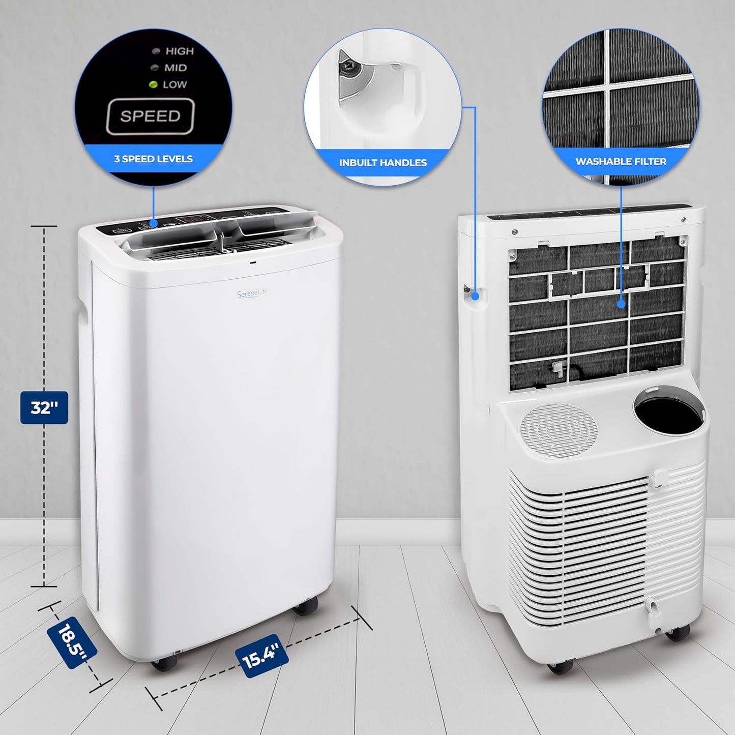SereneLife Small Air Conditioner Portable 14,000 BTU with Built-in Dehumidifier - Portable AC unit for rooms up to 650 sq ft - Remote Control, Window Mount Exhaust Kit