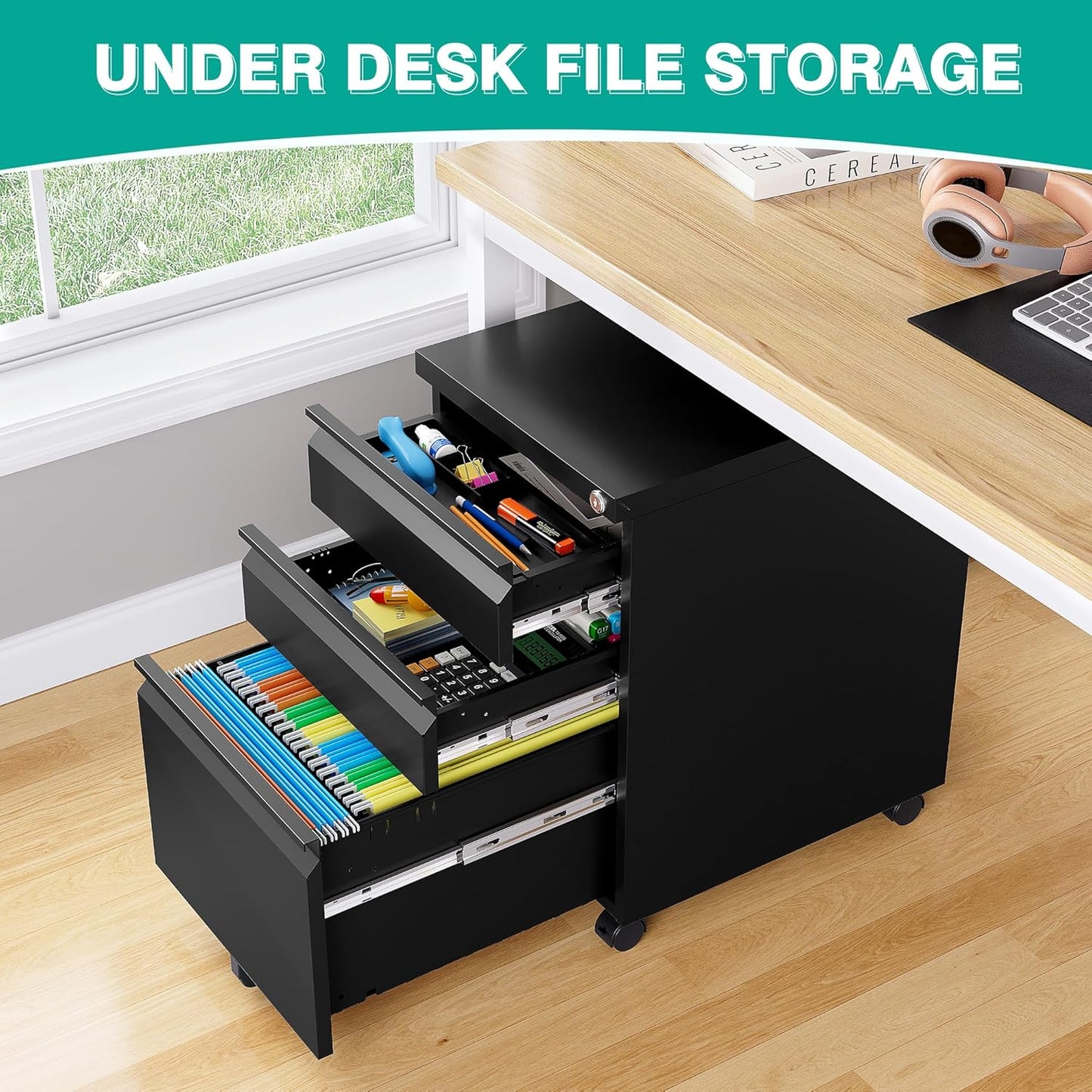 3 Drawer File Cabinet with Lock,Under Desk File Cabinet with Wheels,Black Rolling Filing Cabinets,Three Drawer Metal Filing Cabinet for Home Office,Fit A4/Letter/Legal File,- Assembly Required