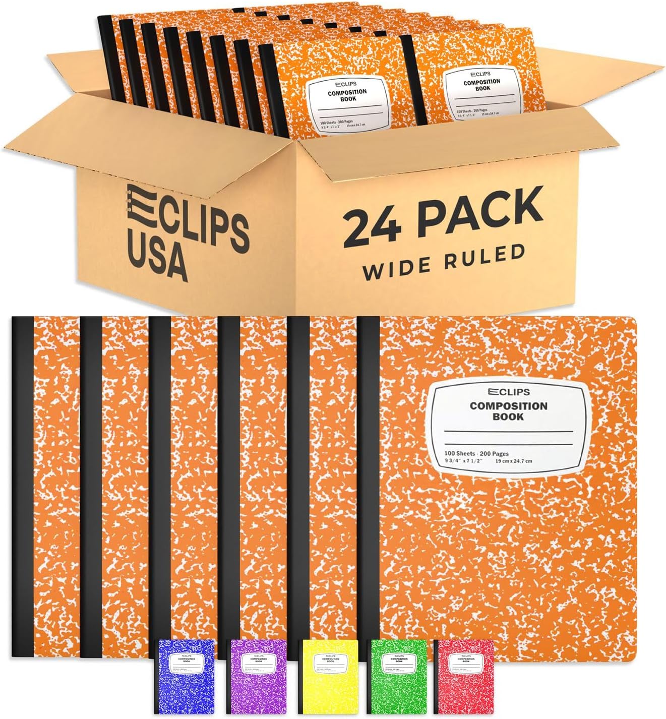 E-CLIPS USA Composition Notebooks, (24 Pack), Wide Ruled Composition Notebook, Marble Composition Notebook, 100 sheets, 200 Pages (24, Orange)