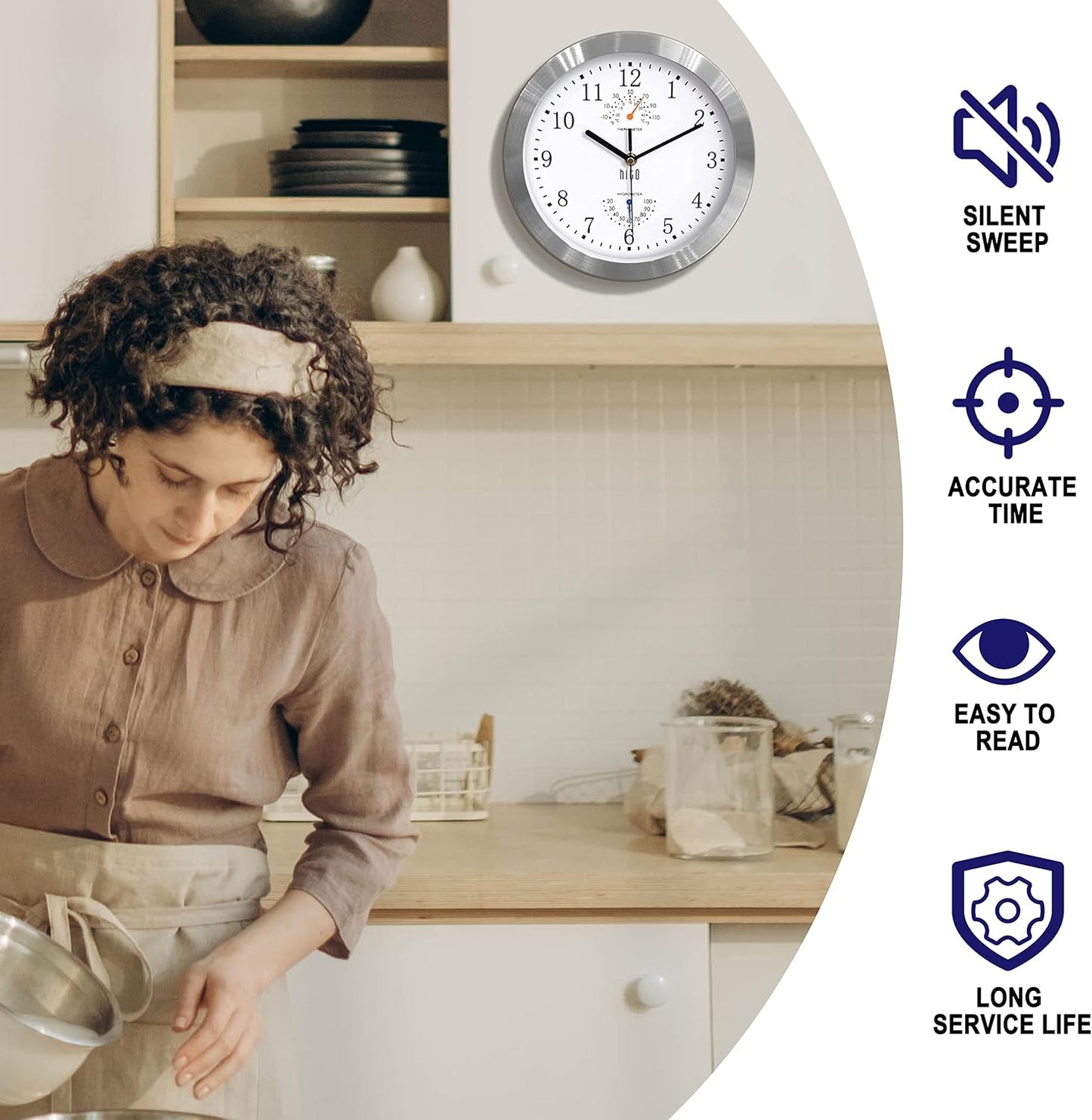 HITO 10 Inch Silent Wall Clock Battery Operated Non Ticking Glass Cover Silver Aluminum Frame, for Kitchen, Bedroom, Home Office, Living Room Decor (White)