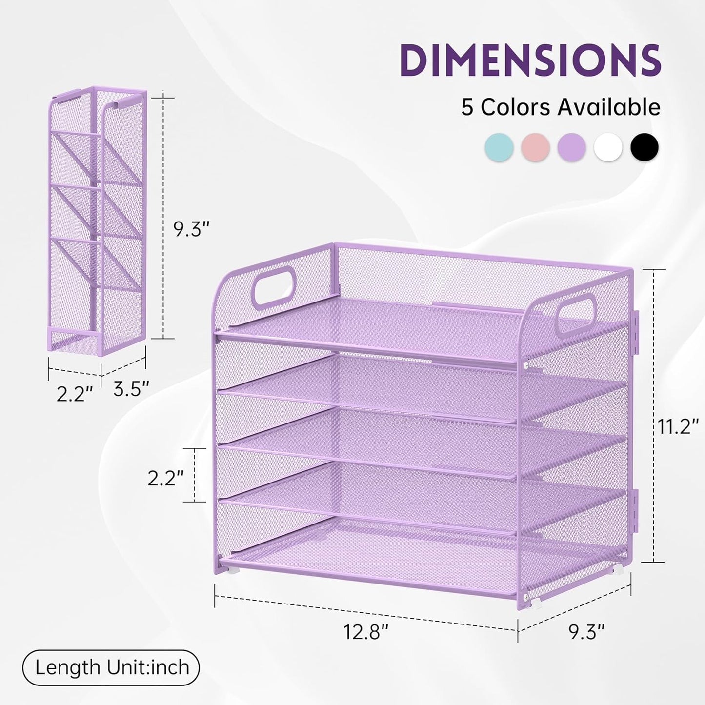 SUPEASY 5 Tier Desk Organizer with Handle & Removable Pen Holders, Mesh Paper/File Organizer for Desk, Paper Letter Tray Organizer for Office Supplies (Purple)