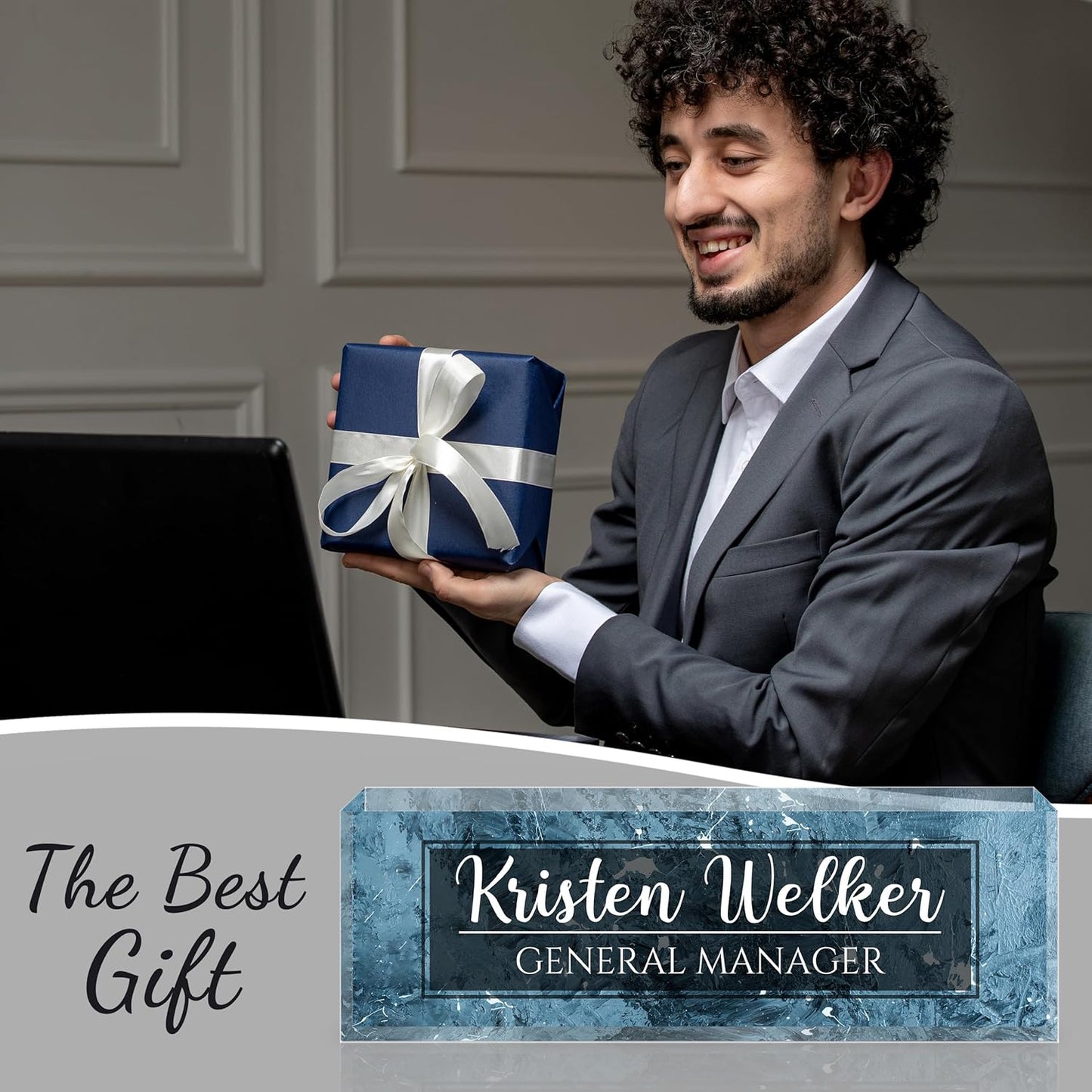 Personalized Name Plate for Desk - Custom Engraved Name Plates for Man - Boss Day Gifts for Boss - Acrylic Office Decor Appreciation Gifts for Teacher Nurse Coworker Social Worker (Blue)