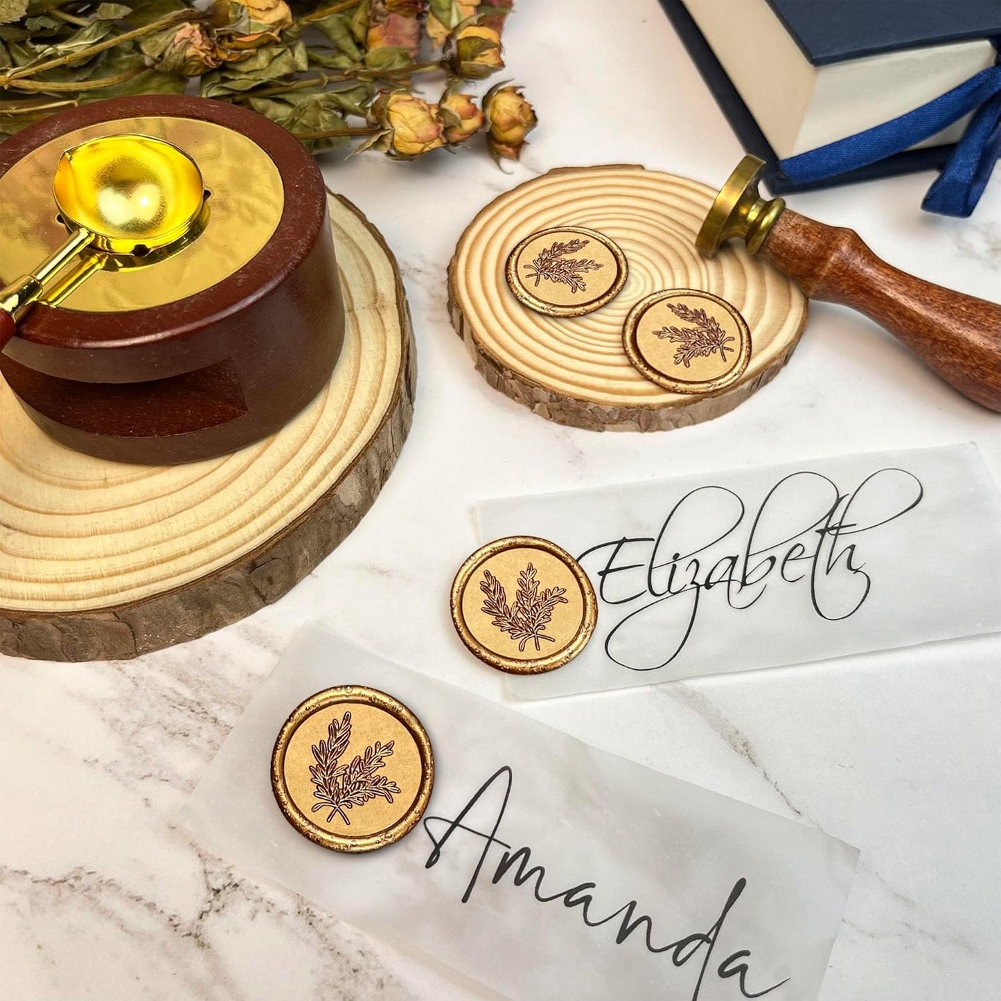 25Pcs Wax Seal Stickers Handmade Envelope Seals Self Adhesive Wax Stickers for Wedding Party Invitations, Envelope, Gift Wrap, Christmas(Rosemary Style, Antique Gold)