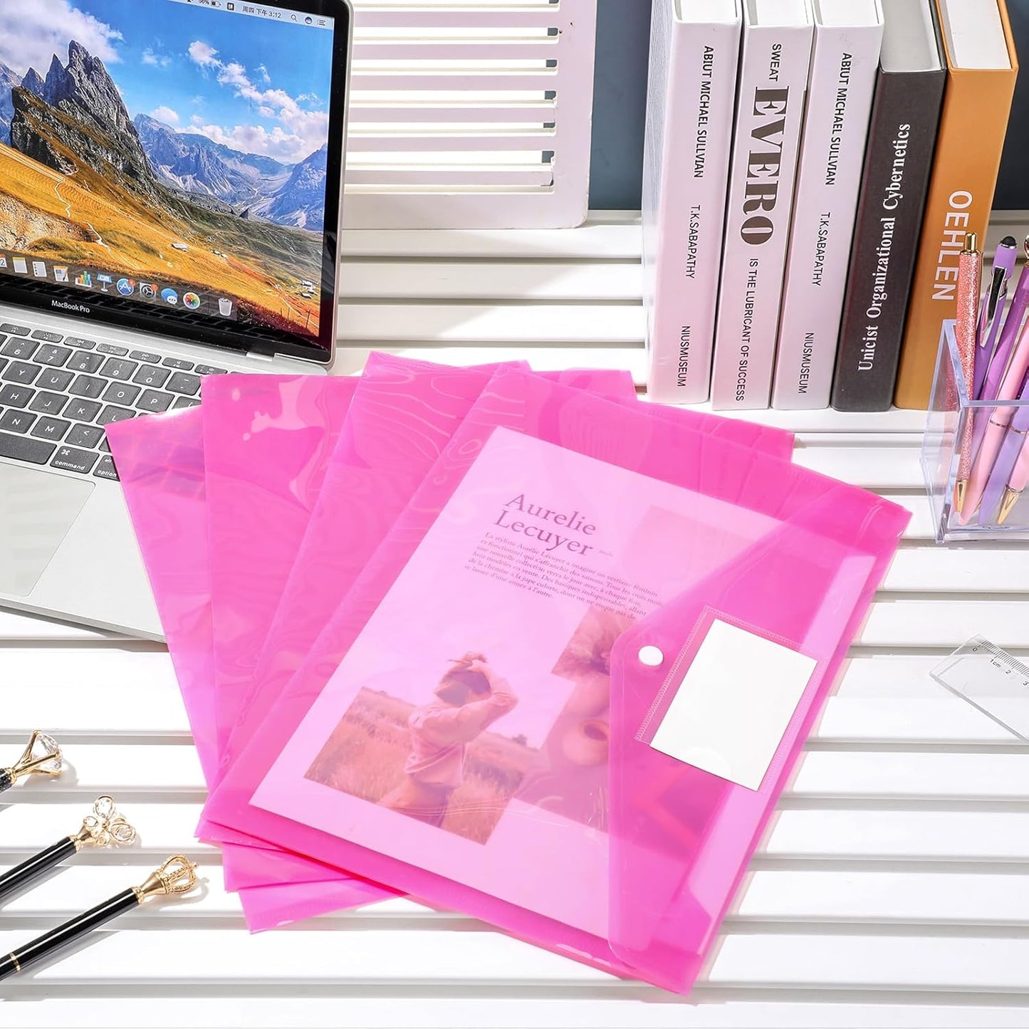 Yeaqee 50 Pcs Plastic Envelopes Poly Envelopes File Folders with Snap Button Closure Clear Folders for Documents US Letter A4 Size Filing Holder with Label Pocket for Home Office School(Pink)