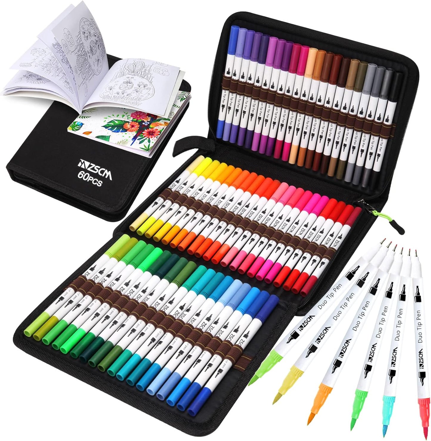 ZSCM Art Duo Tip Brush Markers Set, 60 Colors Fine Brush Tip Artist Drawing Pens Set with Coloring Book, for Adult Sketching Journal Planner School Supplies Gifts