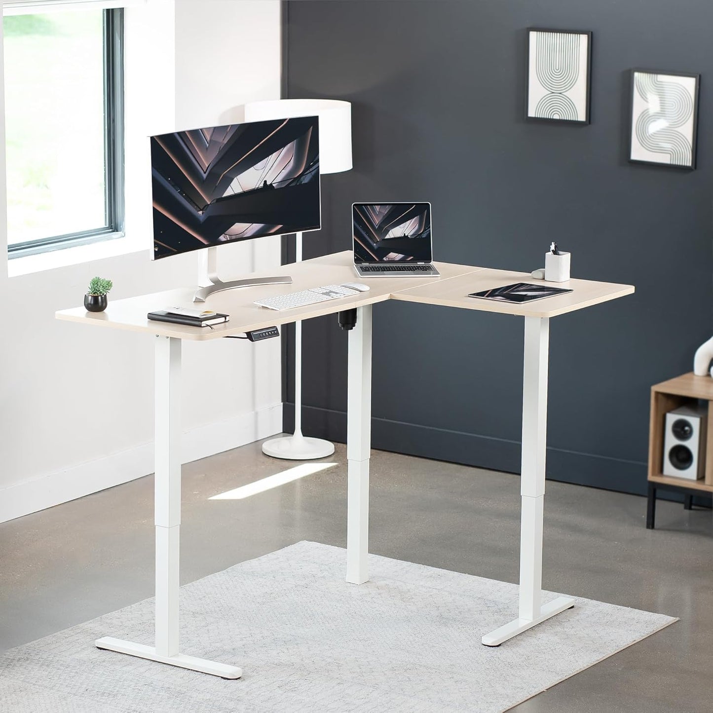 VIVO Electric Corner L-Shaped 63 x 47 in Standing Desk, Memory Height Adjustment, Light Wood Top White Frame, DESK-E3CTWC-47