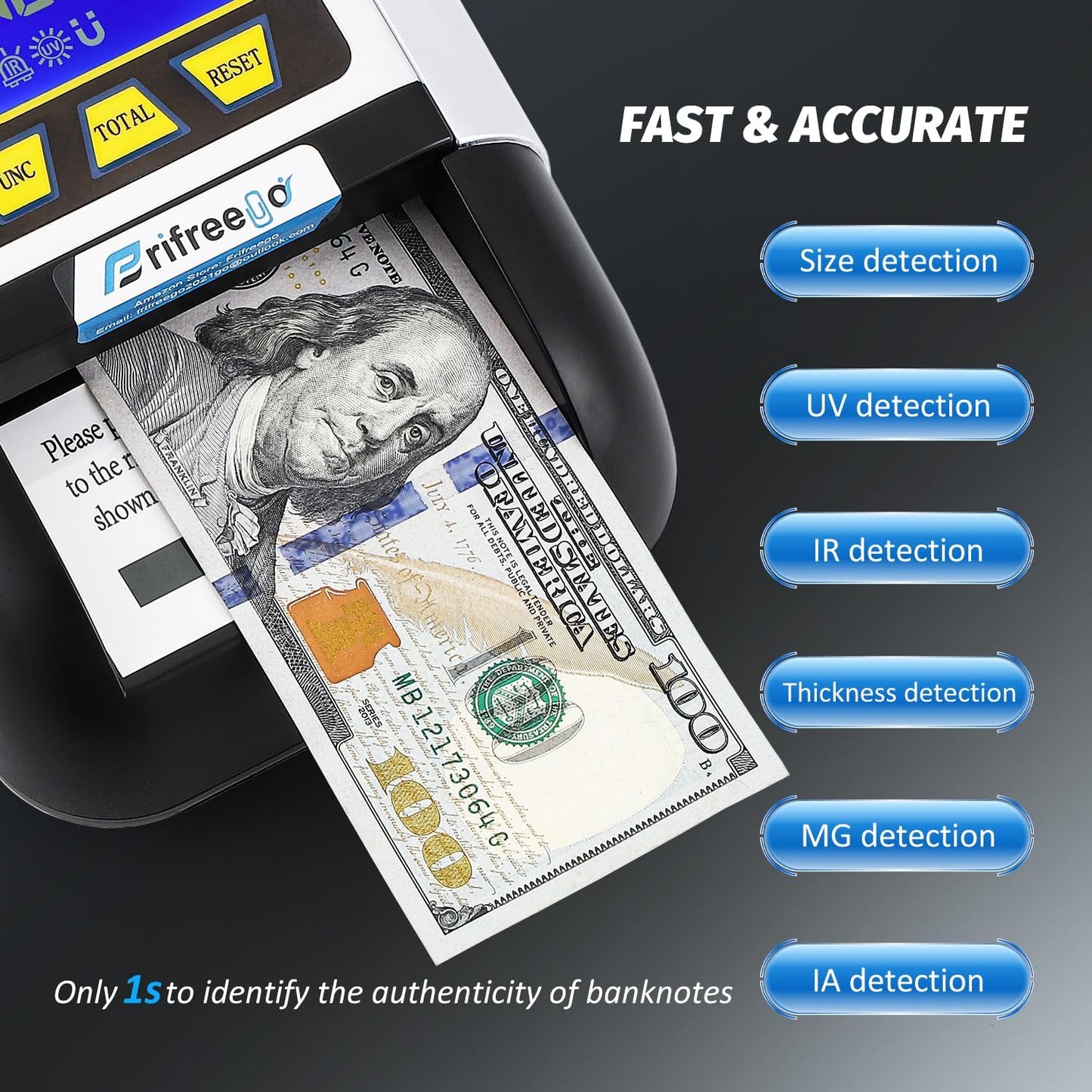 Portable Counterfeit Bill Detector, Rechargeable Fake Bill Detector 4-Way Detection, for Multiple Currencies with Value Display, Commercial Grade Bill Detector Alertable