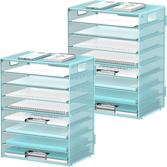 DALTACK 9-Tier Paper Letter Tray Desk Organizer with Handles, Mesh File Holder Organization, Paper Sorter Desk Organizer for Office Home School, Blue 2 Pack