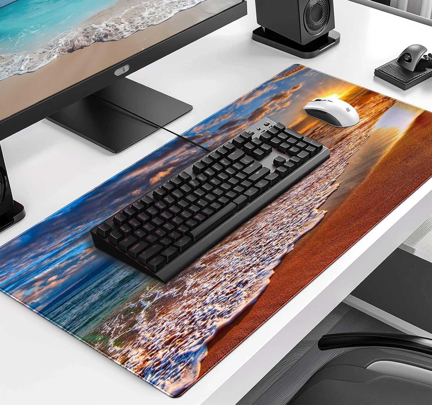 Large Extended Gaming Mouse Pad with Stitched Edges, Non-Slip Waterproof Rubber Base Mouse Pad for Office, Computer, Keyboard, Laptop and Home Desk Pad 35.4 x 15.7 x 0.12 Inch (Beach at Sunset)