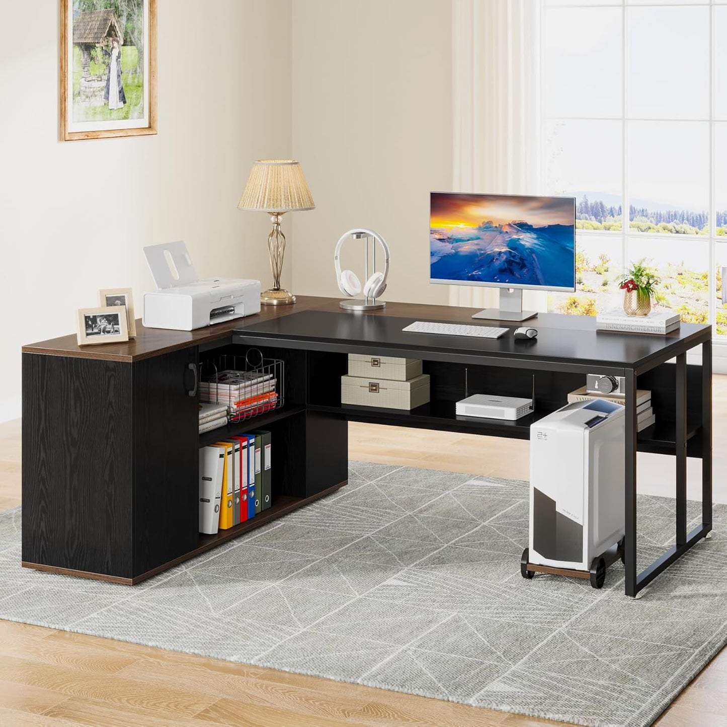 Tribesigns 71 inch Executive Desk, L Shaped Desk with Cabinet Storage, Executive Office Desk with Shelves, Business Furniture Workstation for Home Office, Black and Brown