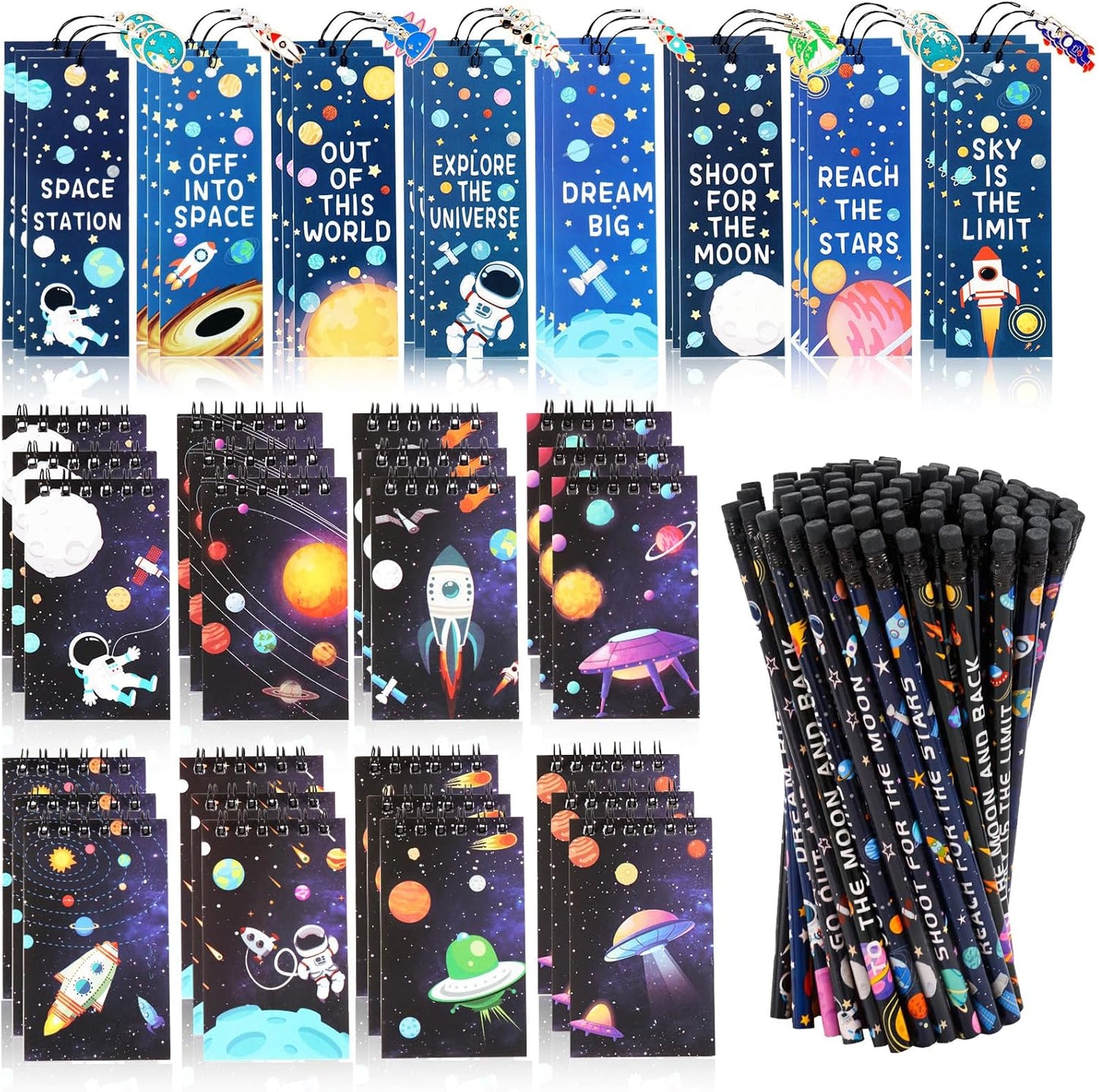 Kolewo4ever 148 Pieces Outer Space Theme Stationery Set:100 Space Pencils Astronaut Pencils 24 Planet Rocket Mini Spiral Notepad Memo Pad 24 Space Ship Metal Charms Bookmarks