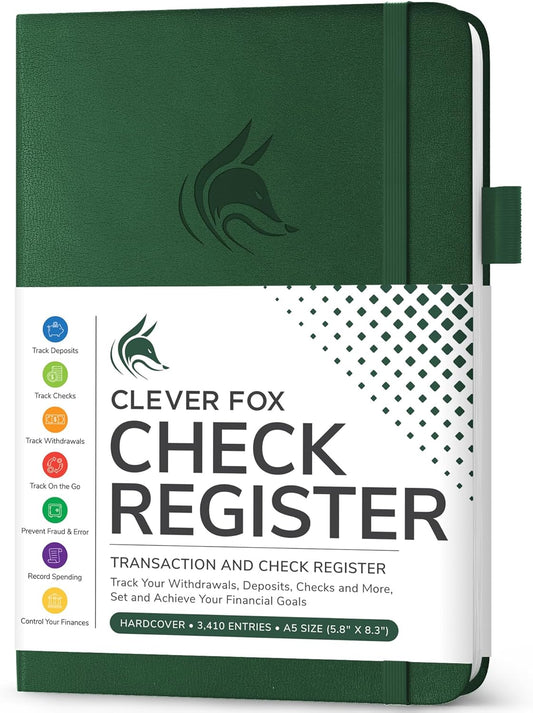 Clever Fox Check Register Book - Deluxe Transaction Register, Accounting Ledger Book, Checkbook Register & Checking Account Register Book for Personal and Work Use, A5 Hardcover - Dark Green