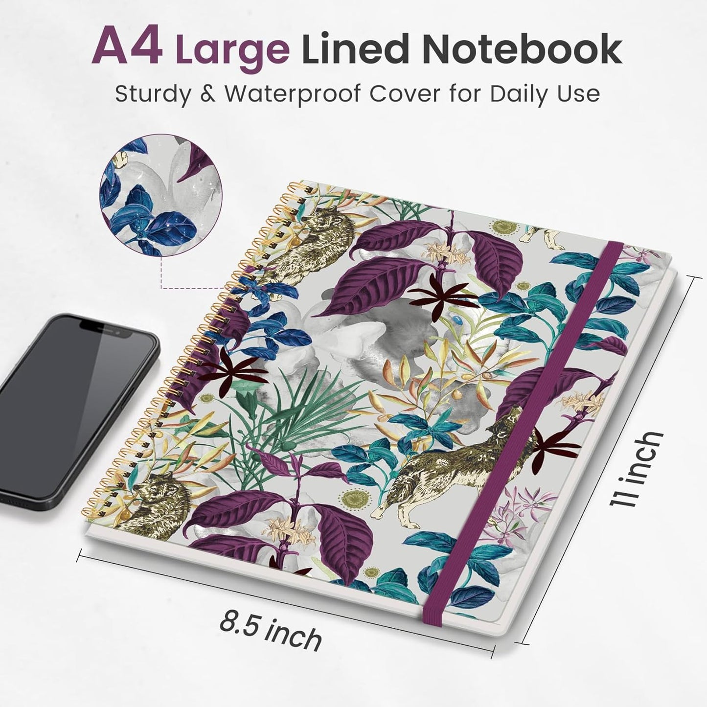 Taja Spiral Lined Notebook, 8.5"x11" Notebooks for Work, Large A4 Journal for Women & Men, College Ruled Journaling Notebook for Writing, Plastic Cover Spiral Journal, Jungle