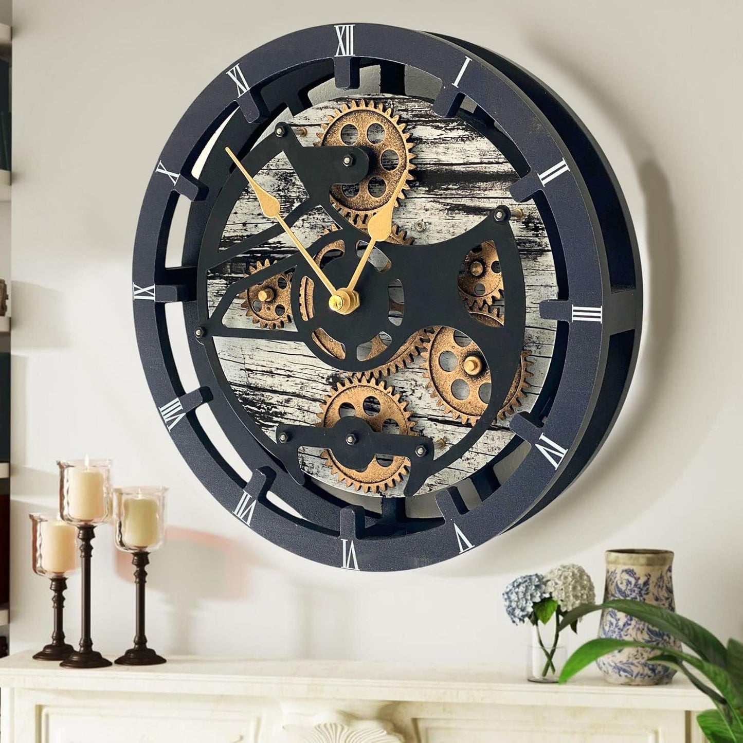 The Gears Clock 16 inches Wall Clock with Real Moving Gears Convertible into a Big Mantel Clock (Grey & White)