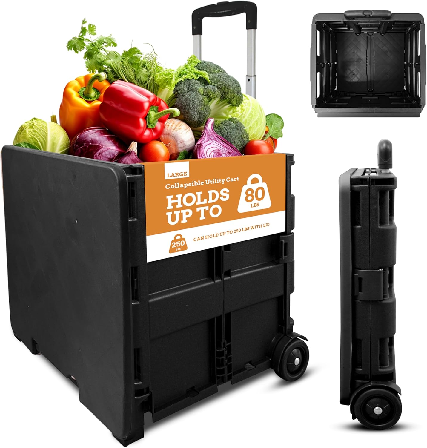Inspired Living Collapsible Ultra-Slim Pack-N-Roll,2 Wheel Utility Cart w/Lid used as Seat up to 250 Lbs, Telescopic Handle - Super Strong, for Home, Garden, Shopping, Office, School use, Large, Black
