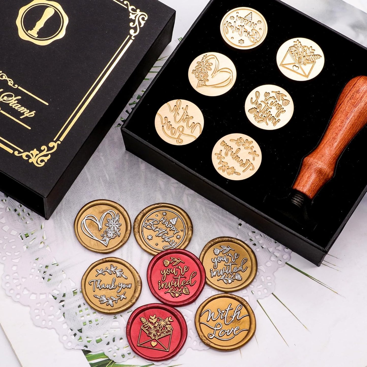 SWANGSA Blessing Wax Seal Stamp Gift Box Set, Vintage 6 Sealing Stamp Heads and 1 Wooden Hilt for Wedding, Party Invitations, Envelops, Christmas Cards and Gift (Phrases Kit)