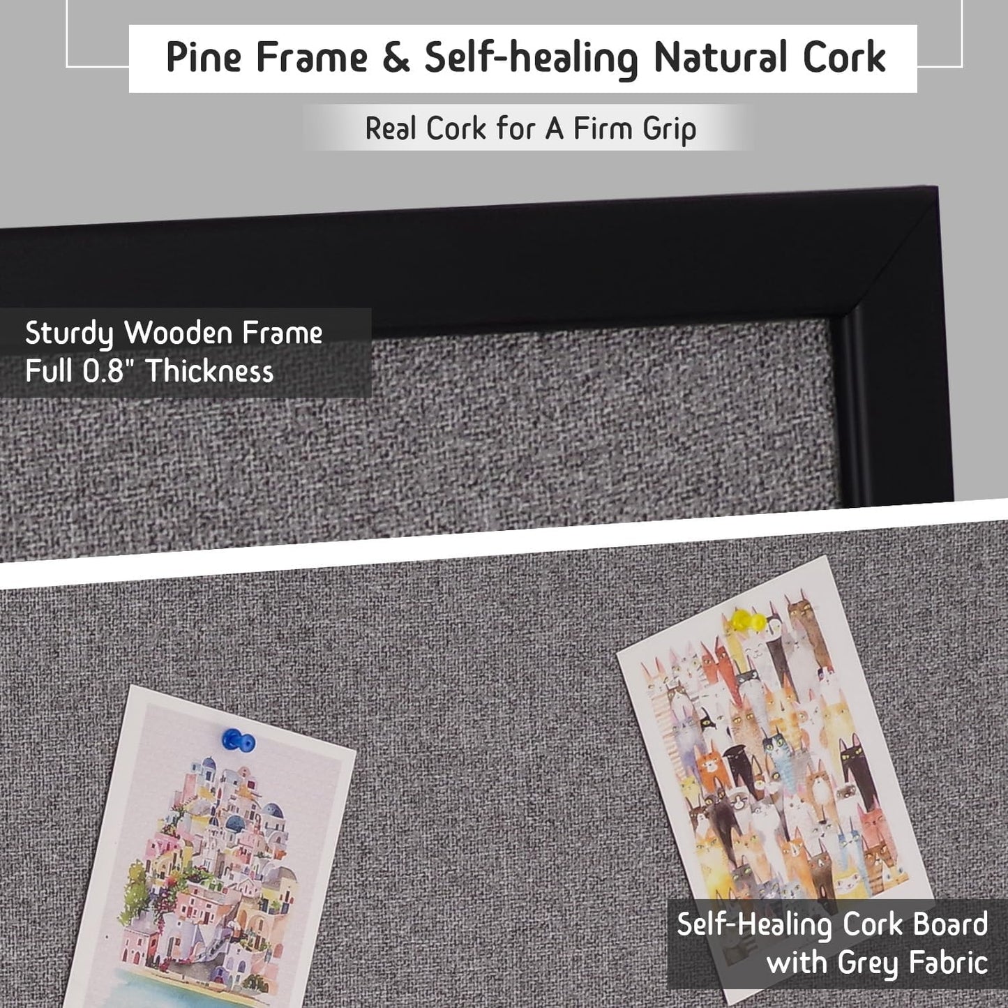 Bulletin Board 46x30 Inch, Large Cork Board with Grey Fabric and Pine Wood Frame, Cork Boards for Walls, Wall Mounted Fabric Notice Board for Home Office School, Vision Board and Message Organizer