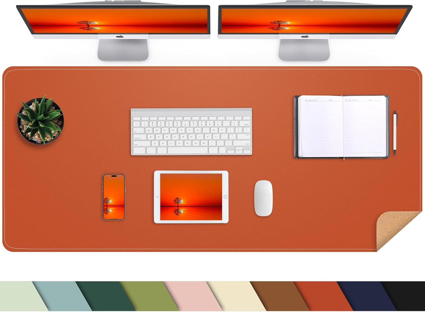 AFIING Leather Desk pad Protector, Large Desk mat with Natural Cork & PU Leather,Mouse pad,Non-Slip Office Desk Mat,Waterproof Desk Writing Pad for Office and Home (47in*23in, Orange)