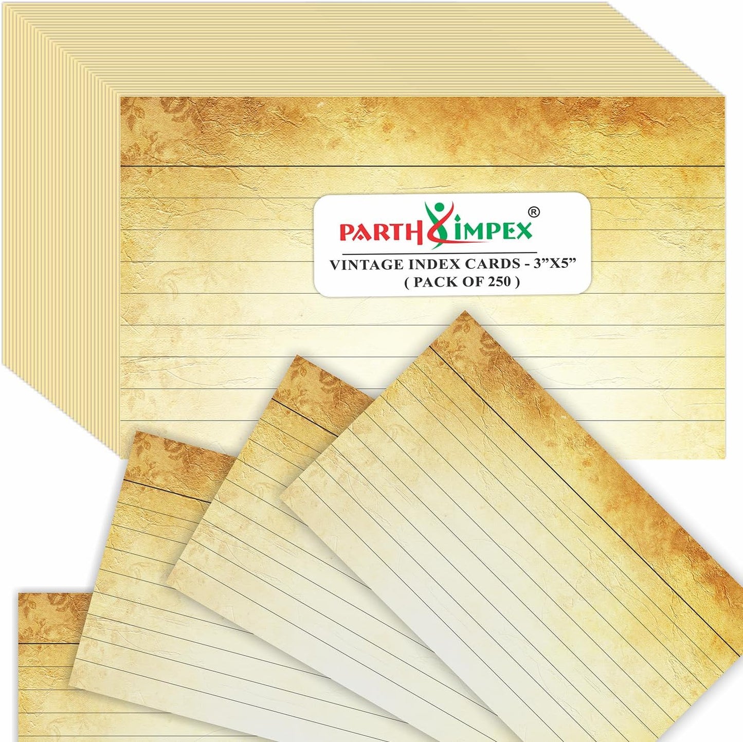 PARTH IMPEX Ruled Lined Vintage Index Note Cards, 250 Count Single Side Printed White Back 3" x 5" for Studying Home and Office Flashcards, 120 Gsm Offset Paper Flash Cards