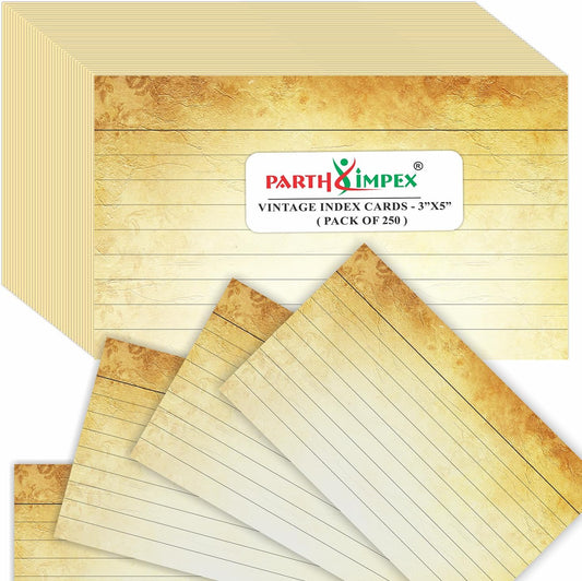PARTH IMPEX Ruled Lined Vintage Index Note Cards, 250 Count Single Side Printed White Back 3" x 5" for Studying Home and Office Flashcards, 120 Gsm Offset Paper Flash Cards