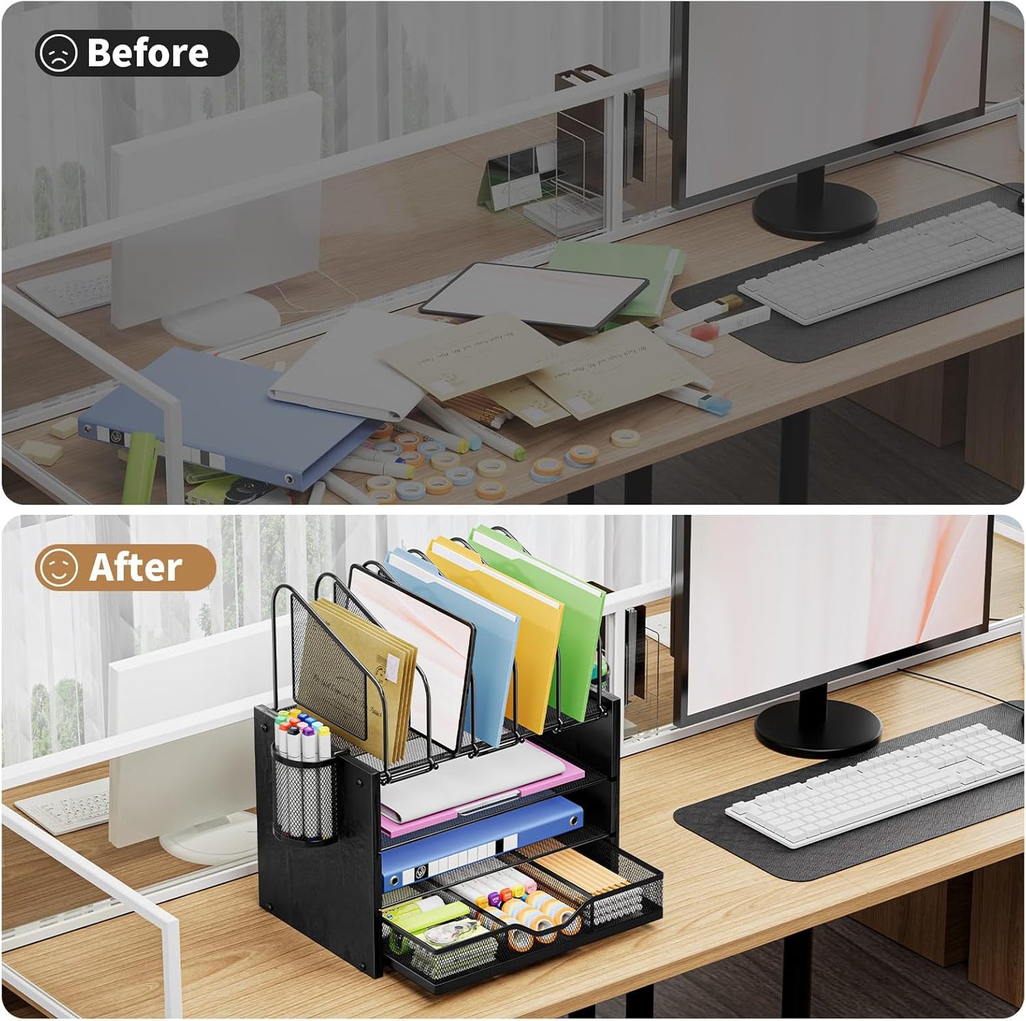 Marbrasse Desk organizer with Drawer, 4-Tier Wooden File Organizer with 5 Vertical File Holders and 2 Pen Holders, Desk Organizers and Accessories for Home Office - Black