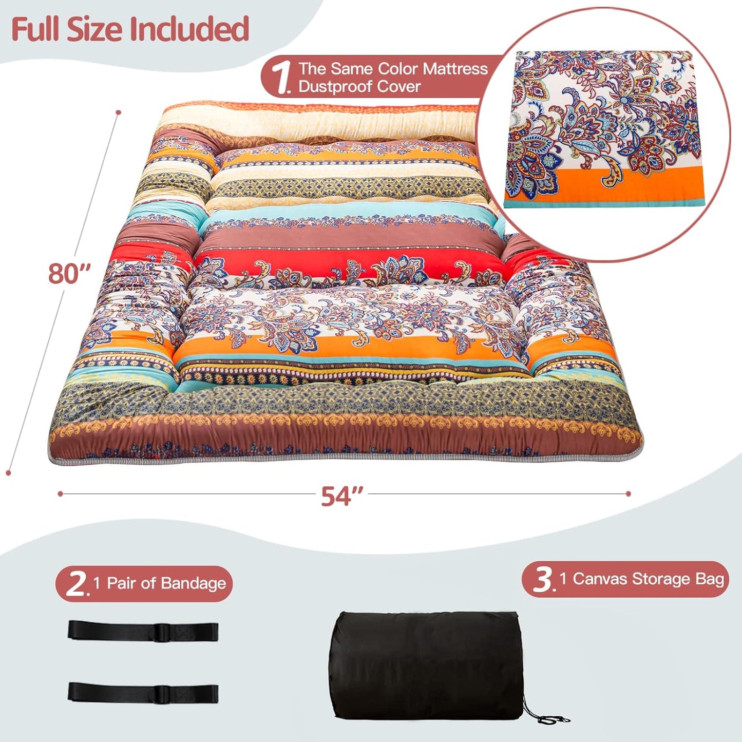 MAXYOYO Bohemian Retro Floor Mattress Vintage Floral Japanese Futon Mattress Roll Up Thicken Sleeping Bed Portable Camping Mattress Floor Lounger Couch Bed Mattress Pad, Full Size