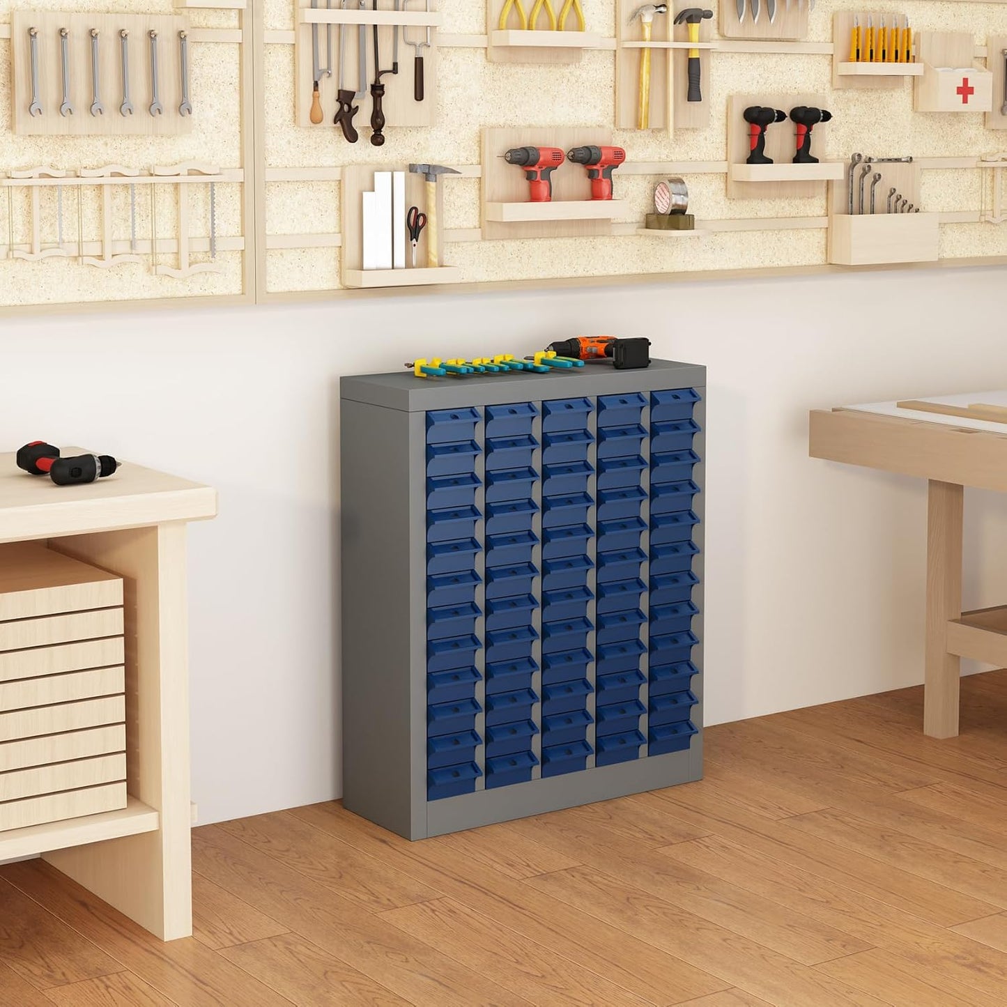 60-Drawer Parts Storage Cabinet, Multi-Purpose Organizer for Screws, Bolts, Nails, Craft Supplies, Legos, Tools, Compact Plastic Drawer Unit, Hardware Organizer for Garage, Workshop, Classroom