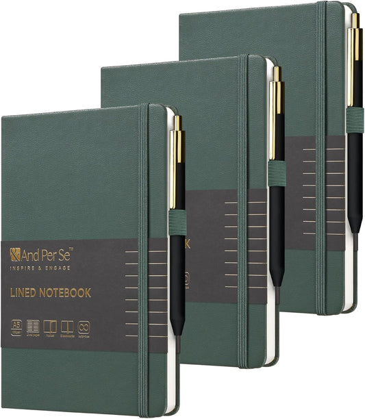 A5 Lined Leather Journal and Pen Set (3 packs), Hardcover Notebook with Pen, 160 Pages 100gsm Thick Ruled Paper for Men Women, for Work, Business, School or Home Writing, 5.7'' x 9'' (Green)