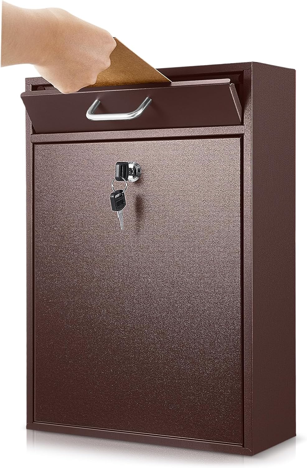 Locking Mailbox with Key for Outdoor 16.2 x 11.2 x 4.7 Inches Large Wall Mount Mail Box with Lock Security Mail Drop Metal Collection Boxes Hanging Secure Postbox(Brown)