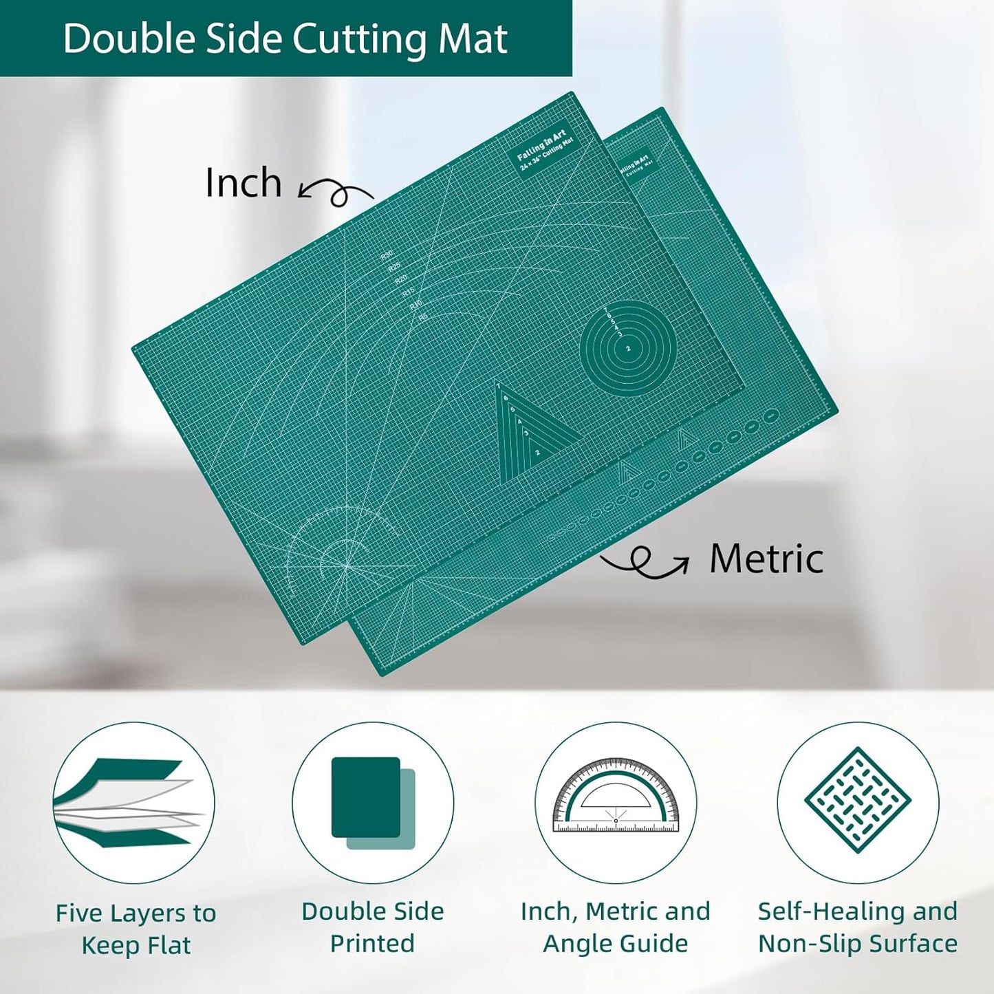 Falling in Art Self Healing Cutting Mat, 24x36" Cutting Mats for Sewing, Double-sided 5-Ply Fabric Cutting Board for Crafting, Quilting and Sewing Projects, Green