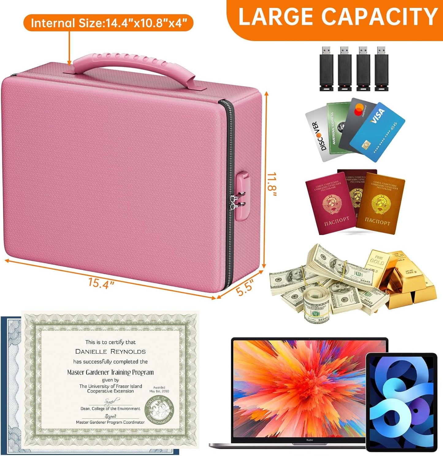 ENGPOW Fireproof Document Box, Hard Case File Box with Fireproof Zipper＆Lock, 6400°F Heat Insulated Fire and Water Resistant File Organizer Storage Safe for Important Documents Laptop Cash, Pink