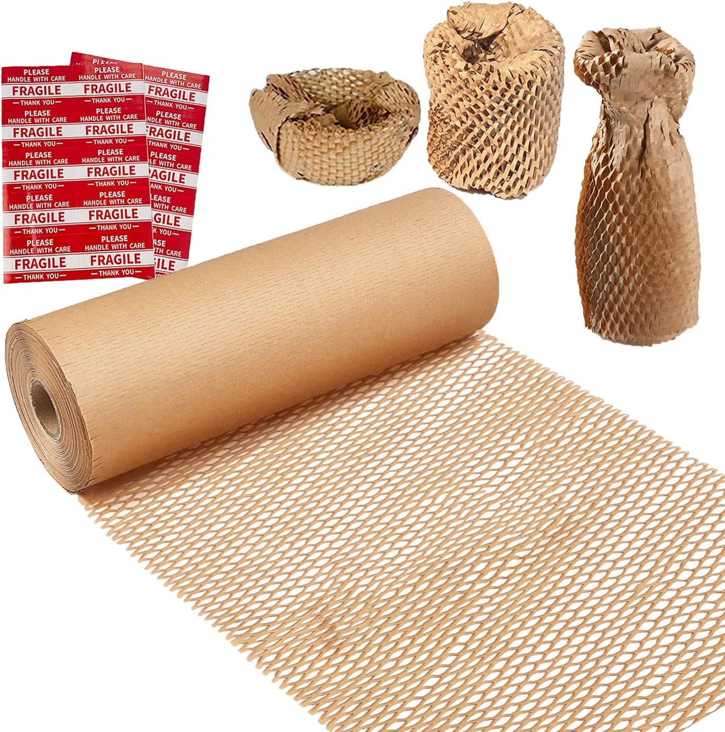 Honeycomb Packing Paper,12" W x 200' L Bubble Cushioning Wrap for Moving,Products & Gifts Wrapping Paper,Recyclable and Biodegradable Cushioning Packing Material with 20 Fragile Sticker Labels