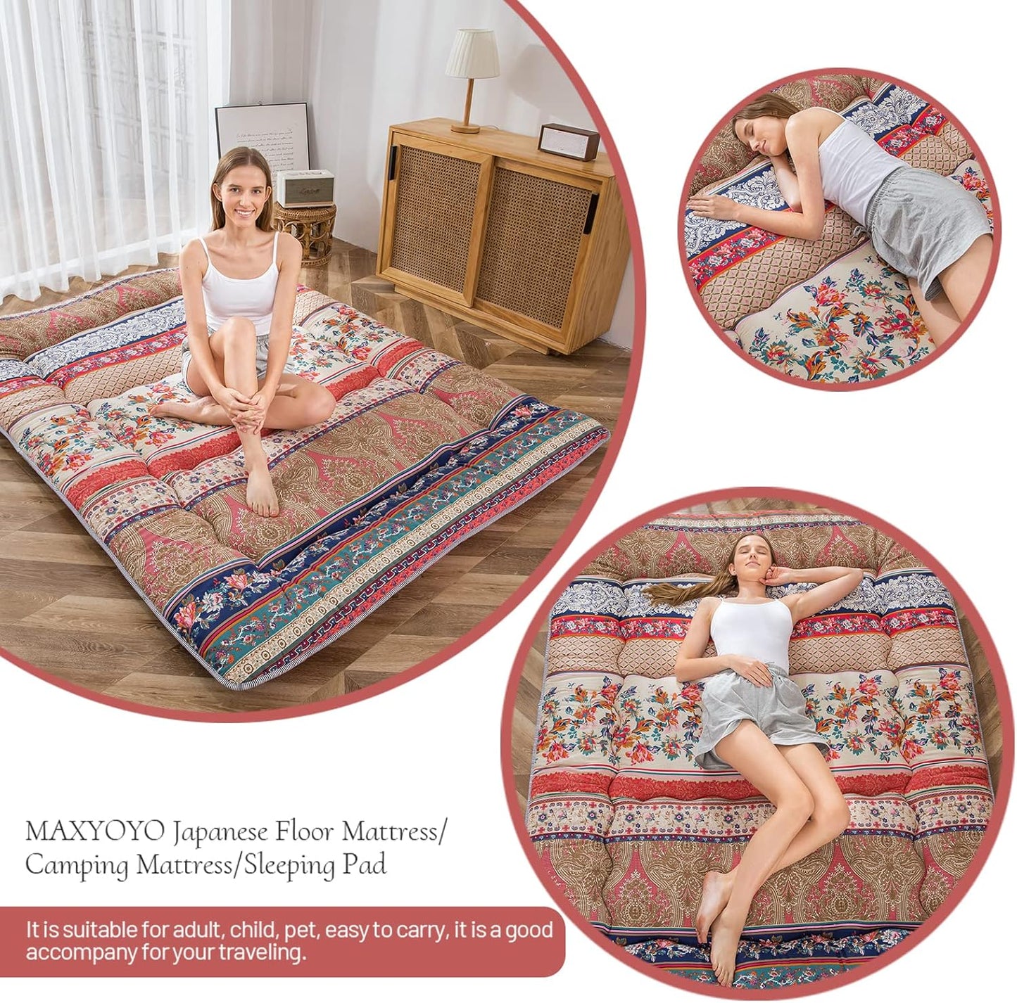 MAXYOYO Bohemian Retro Floor Mattress Vintage Floral Japanese Futon Mattress Roll Up Thicken Sleeping Bed Portable Camping Mattress Floor Lounger Couch Bed Mattress Pad, King Size
