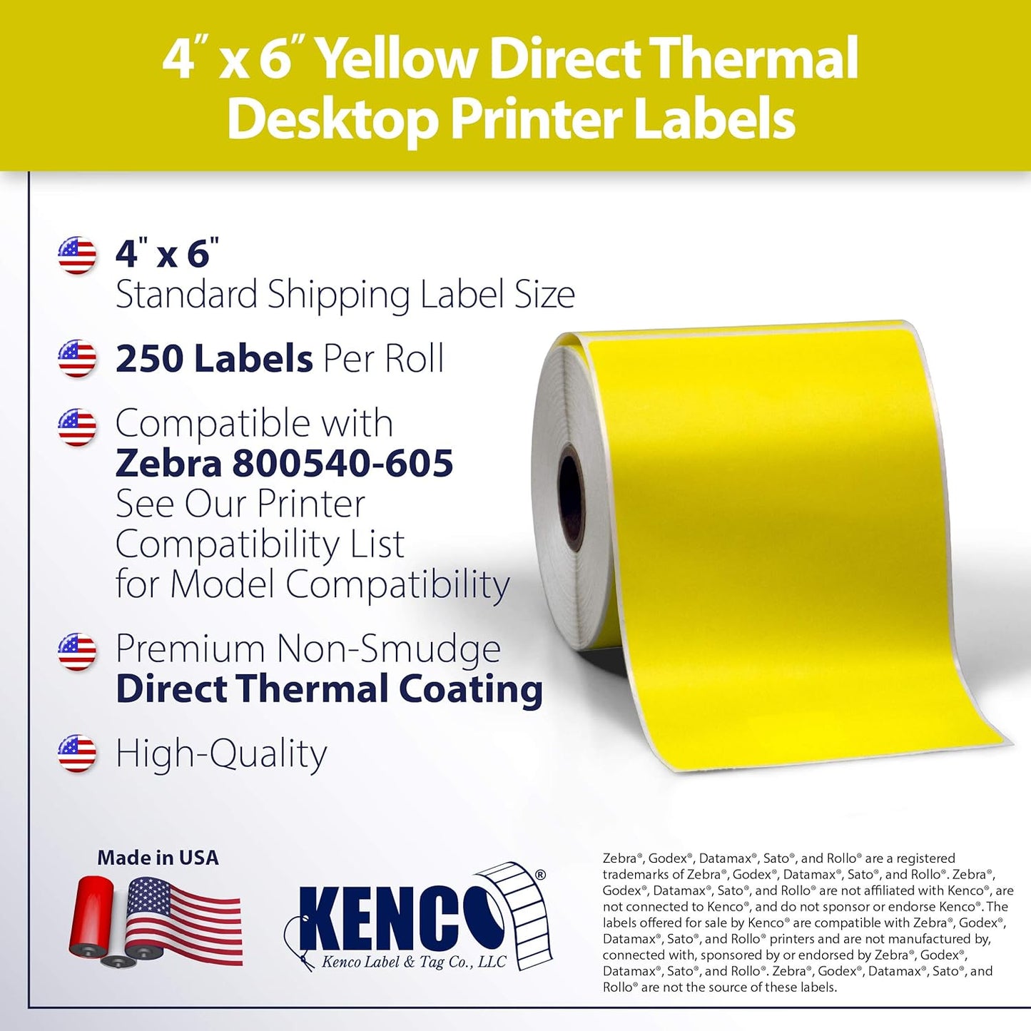 4" X 6" Direct Thermal Perforated Stickers Labels for Shipping Labels, Inventory, and Color Coding - Compatible with Zebra, Rollo, Godex and More (Yellow, 12 Rolls)