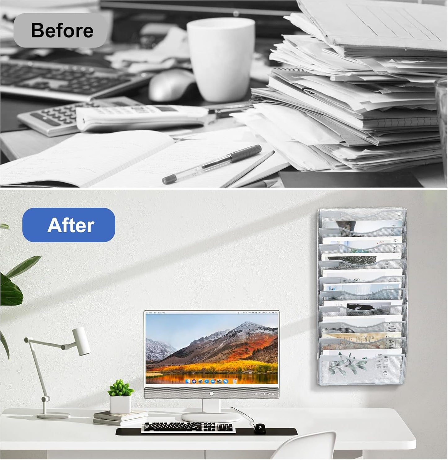 EasyPAG Wall File Holder Organizer 10 Pocket Mesh Hanging Wall Mounted Document Paper Folder Filing Magazine Rack with Nametag Label for Office Home School, Sliver