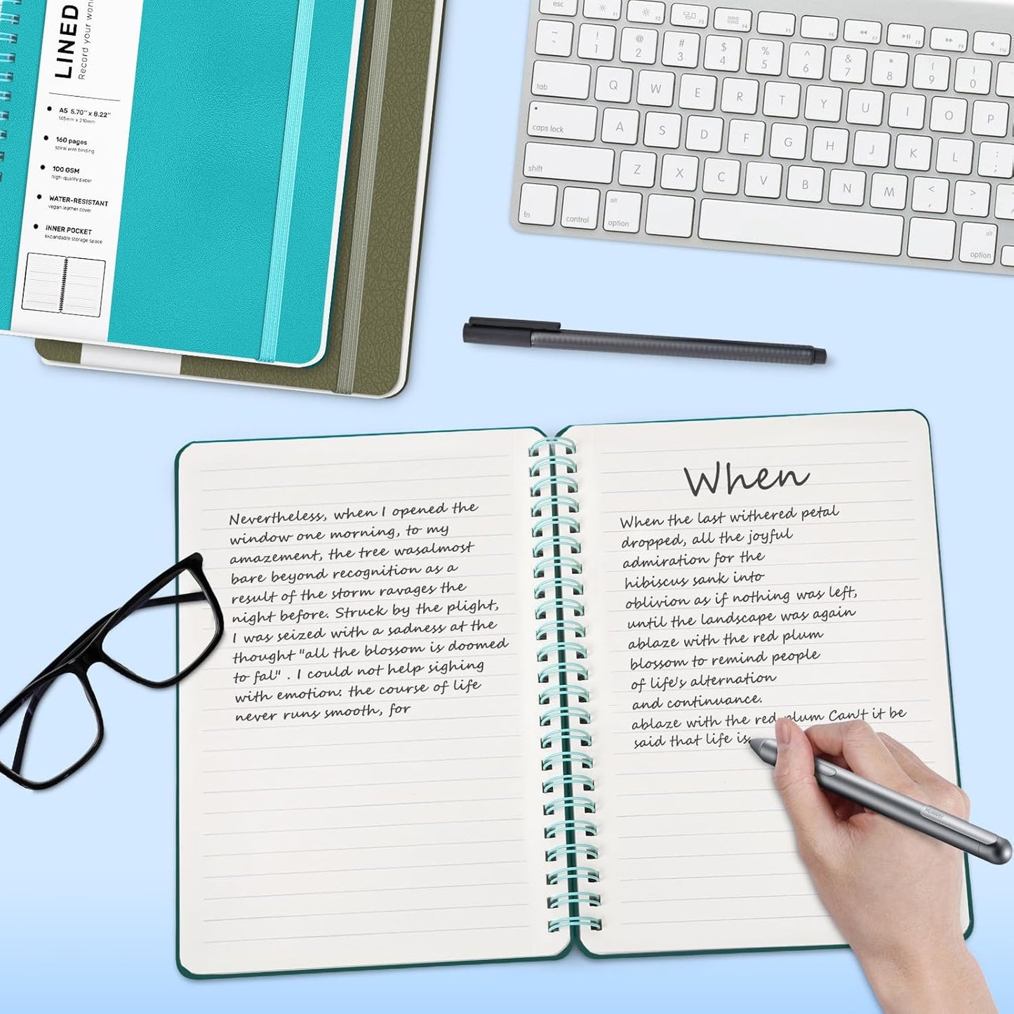 Lined Spiral Journal Notebook, A5 Hardcover Leather Notebook for Work, 5.7''×8.2'', 100GSM Thick Paper Spiral Bound Journaling Notebooks for Women & Men Office School Note Taking Business, Lake Blue