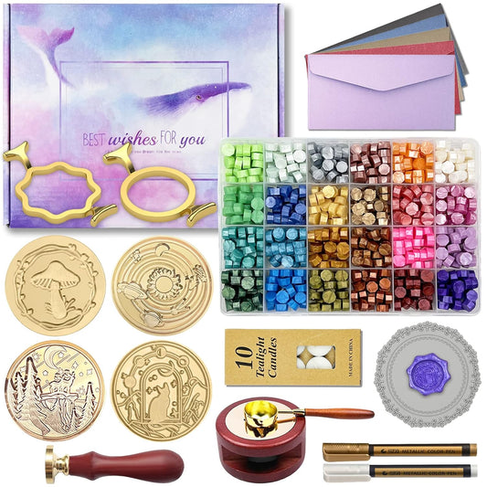Wax Seal Stamp Kit with Gift Box, 672 Pcs Wax Seal Beads, 4 Pcs Wax Stamps, 2 Pcs Wax Seal Molds, Sealing Wax Warmer, Spoon, Mat, Metallic Pens, Candles, Wax Seal Kit for Craft Gift