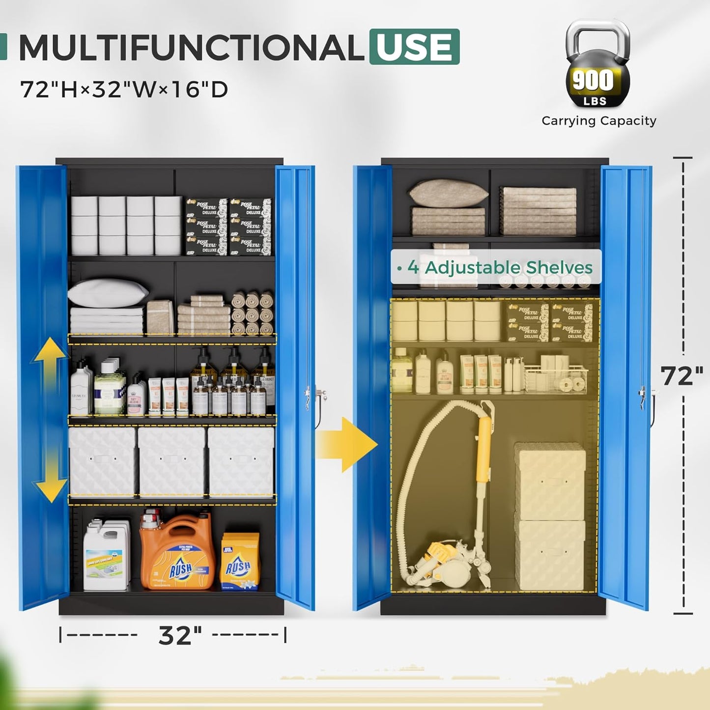 Greenvelly Metal Garage Storage Cabinet, 72" Tall Steel Storage Cabinets with 2 Doors and 4 Adjustable Shelves, Metal Tool Cabinets, Locking File Cabinet for Home Office, Garage, School (Black Blue)