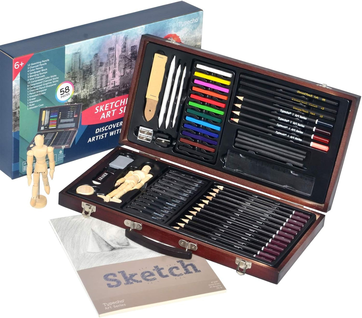 Sketching Drawing Art Set,58pcs Professional Wooden Artist Kit with Sketchbook,Complete Sketching,Charcoal Pencils and Tools,Ideal for Teens,Kids,Adults,Artists,Beginners(Wooden Case-58pcs)
