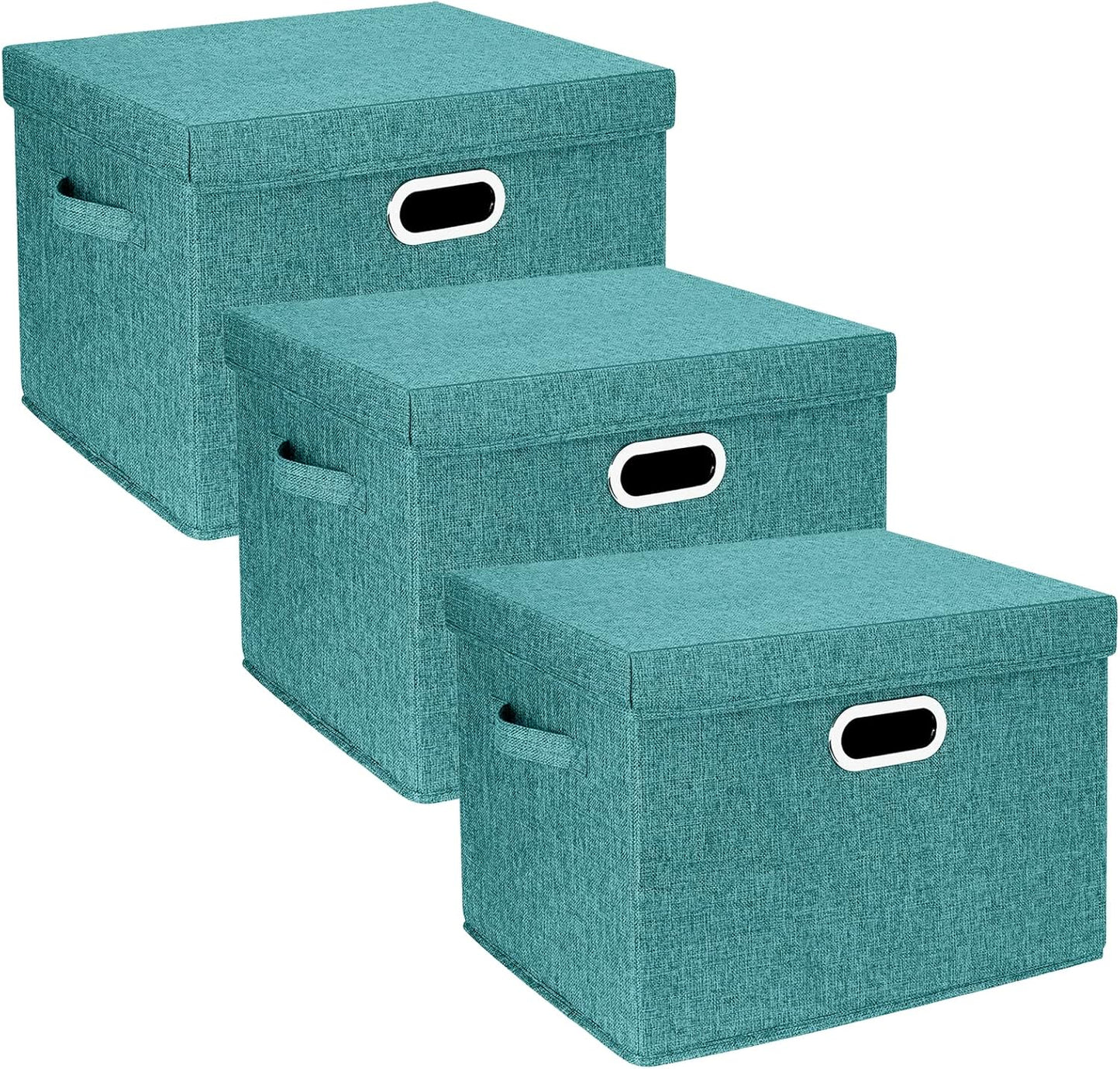 TYEERS Large Storage Bins with Lids, Collapsible, Washable, Fabric Storage Boxes for Organizing, 17.3x11.8x11.4 inches, 3 Pack, Aqua Deep