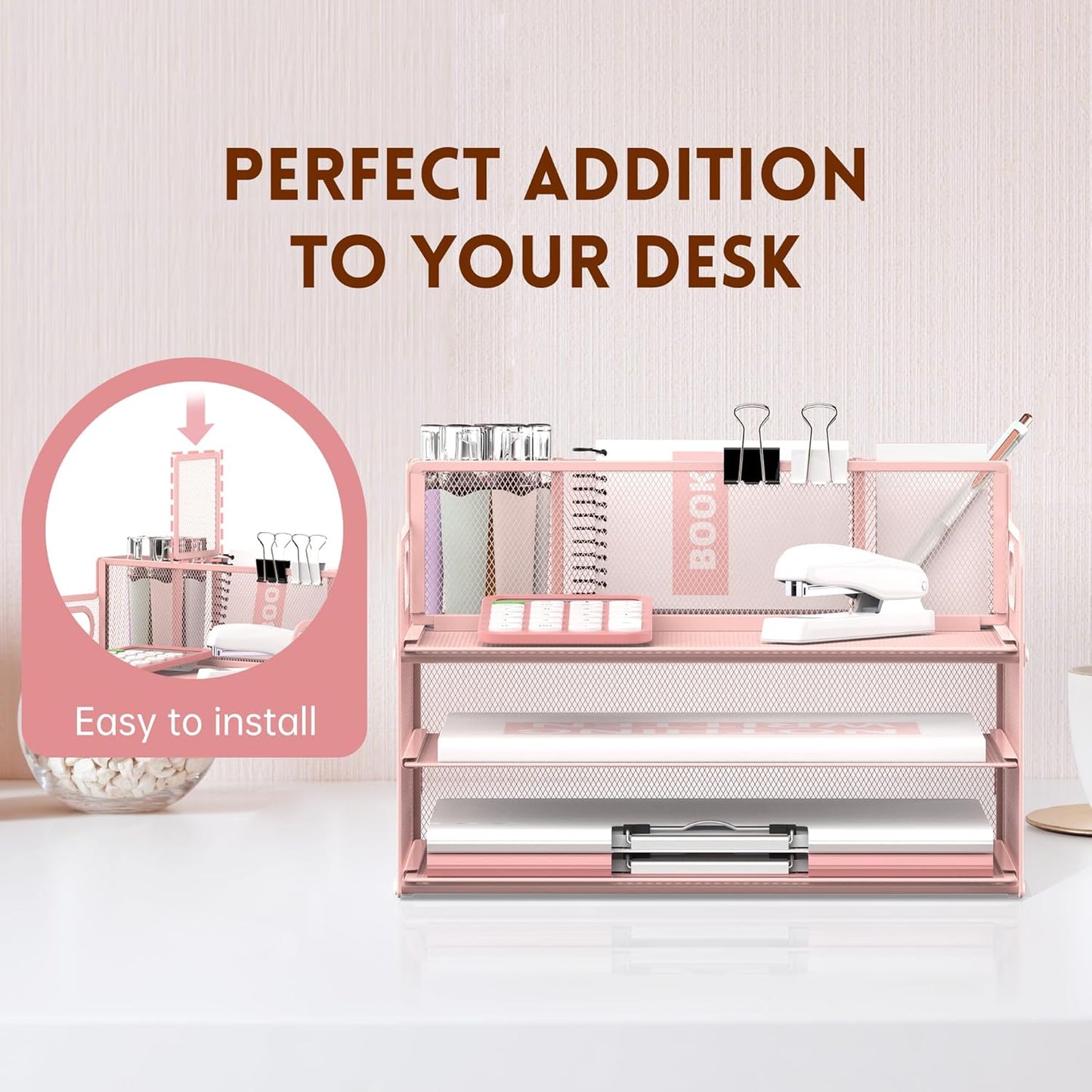 SUPEASY 3 Tier Desk Organizer with Handle & 3 Pen Holders, Mesh Paper/File Organizer for Desk, Paper Letter Tray Organizer for Office Supplies (Cute Pink)